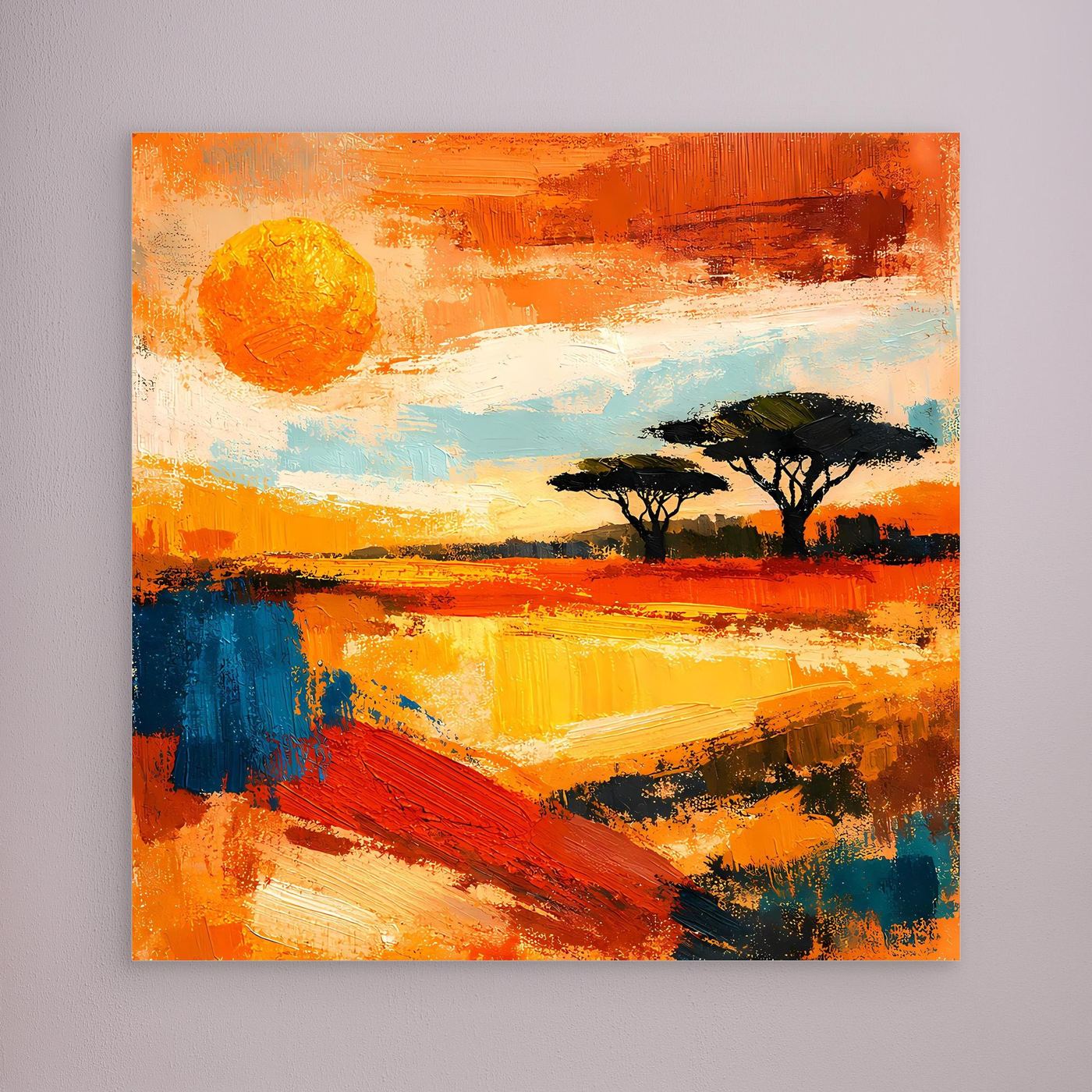 Abstract savanna sunset canvas wall art, unframed, with orange and blue brushstrokes.