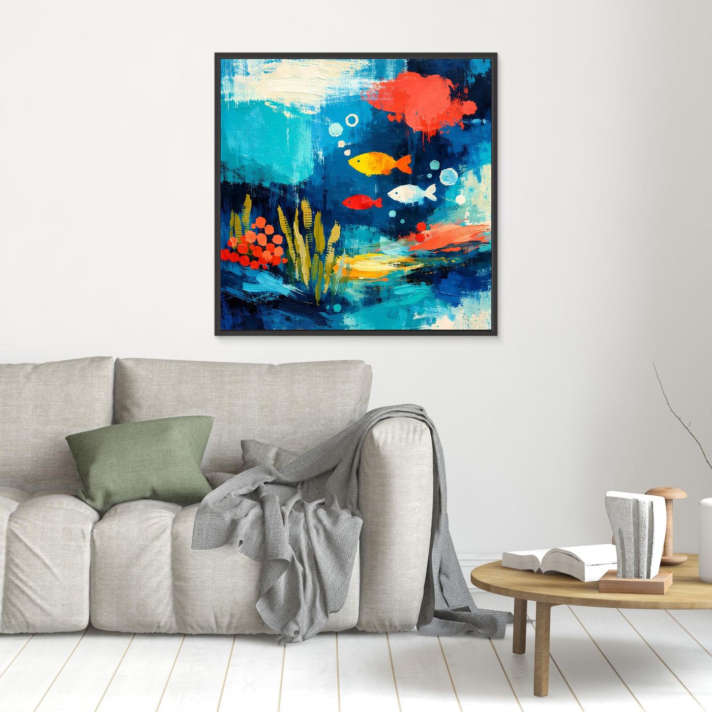 Abstract underwater wall art with fish and coral, small black frame