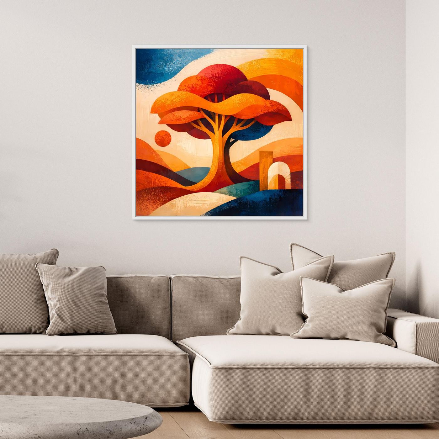 Gerahmtes Leinwandbild mit Lebensbaum-Motiv, orangefarbene Krone und blaue Akzente