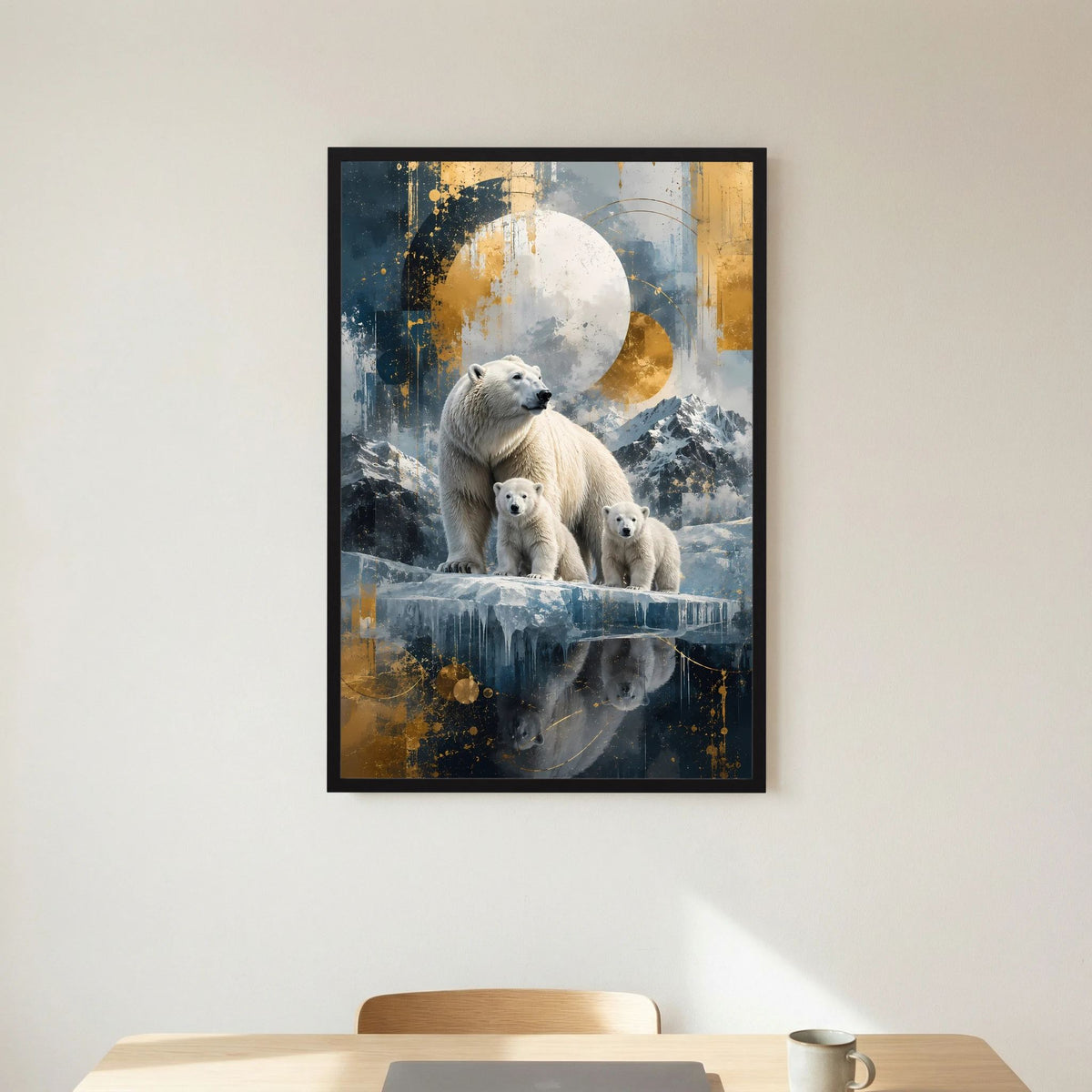 Hochformat-Poster ohne Rahmen mit Eisbärenfamilie auf Eissockel, blauer Goldakzent