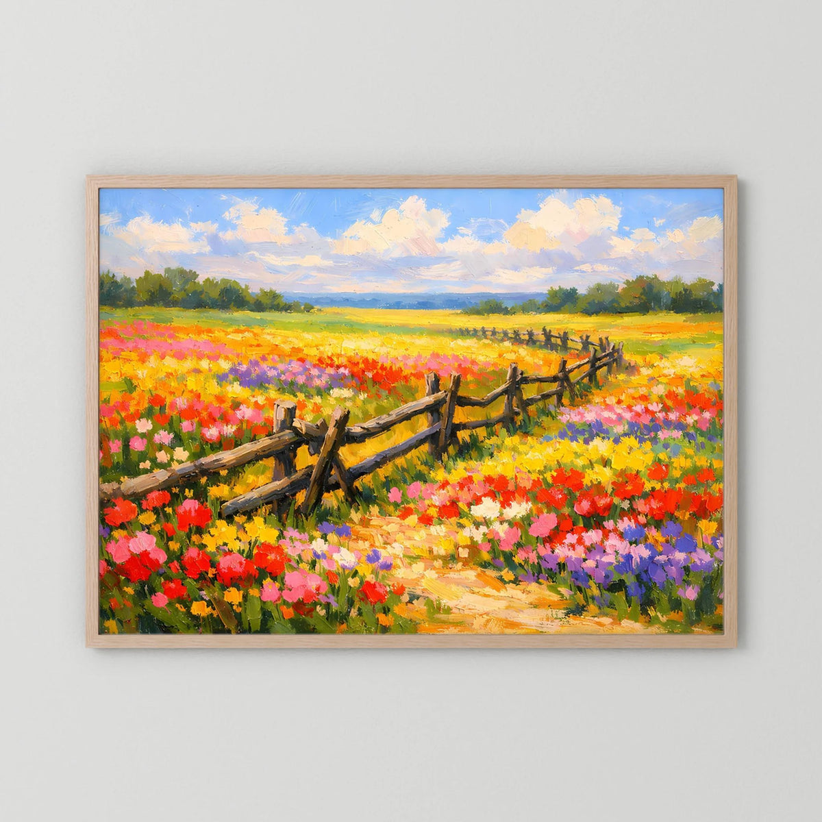 Wandbild im Querformat mit hellem Holzrahmen: Blumenwiese mit Holzzaun