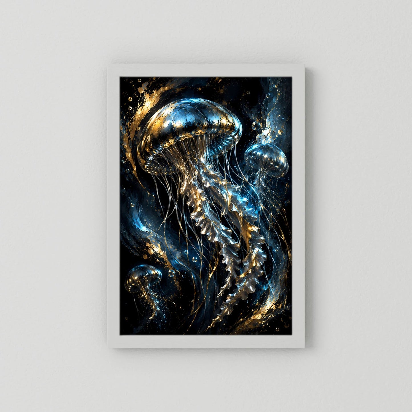 Hochformat-Poster mit goldenen Quallen in Blau und Schwarz, mit weißem Rahmen