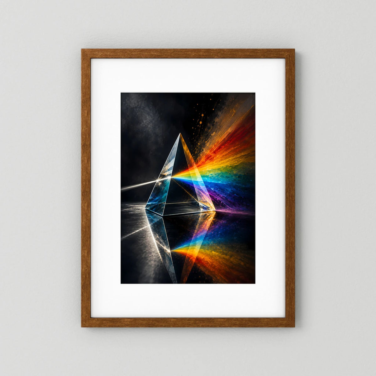 Poster mit Regenbogen-Prisma im braunen Holzrahmen und weißem Passepartout