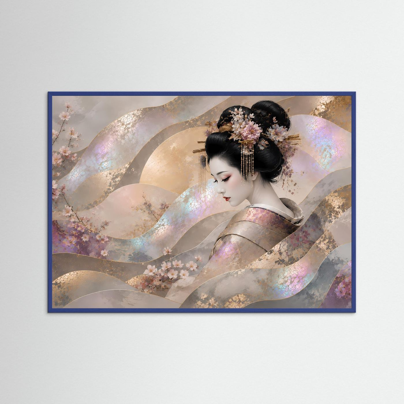 Japanische Wandkunst mit blauem Rahmen: Geisha mit Kirschblüten, perlmuttartiger Schimmeroptik