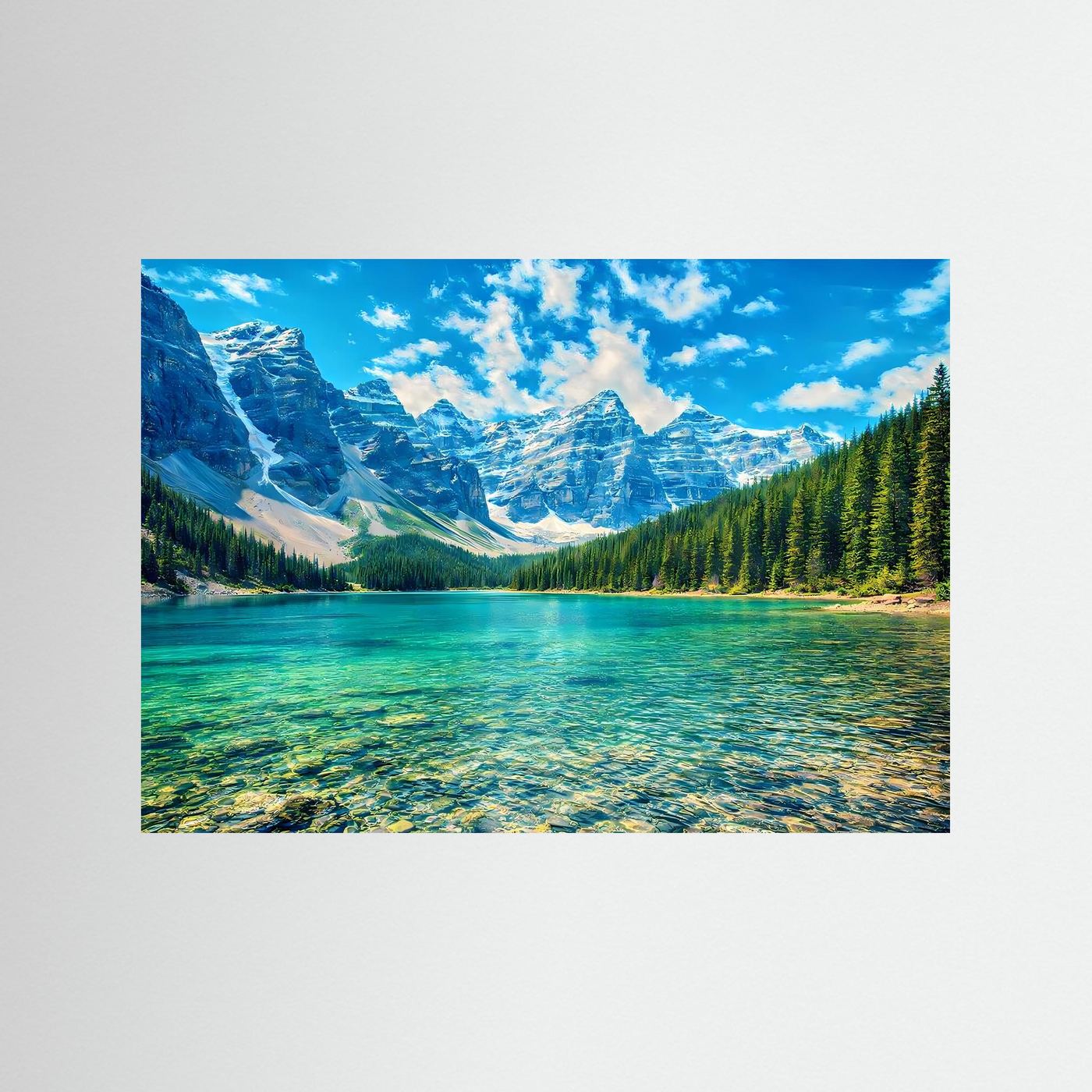 Wandbild-Print mit türkisblauem Bergsee, Fichtenwald und schroffen Alpen im Himmel