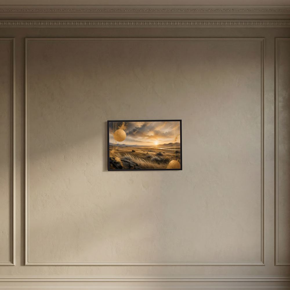 Wandposter im Querformat: goldene Steppenlandschaft und Sonnenuntergang, schwarzer Rahmen