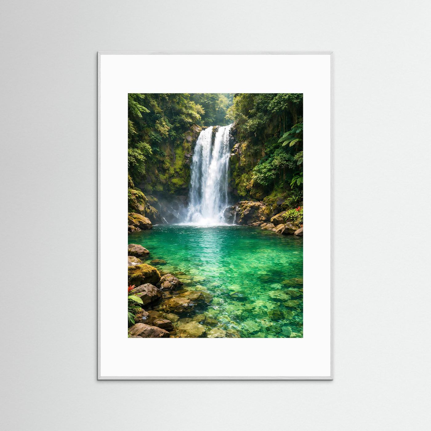 Dschungelposter im Hochformat mit Wasserfall und türkisgrüner Lagune, weiß eingefasst