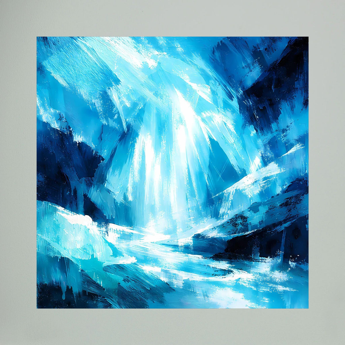 Blaues abstraktes Eiswasserfall-Wandbild auf Leinwand mit strahlendem Lichtzentrum