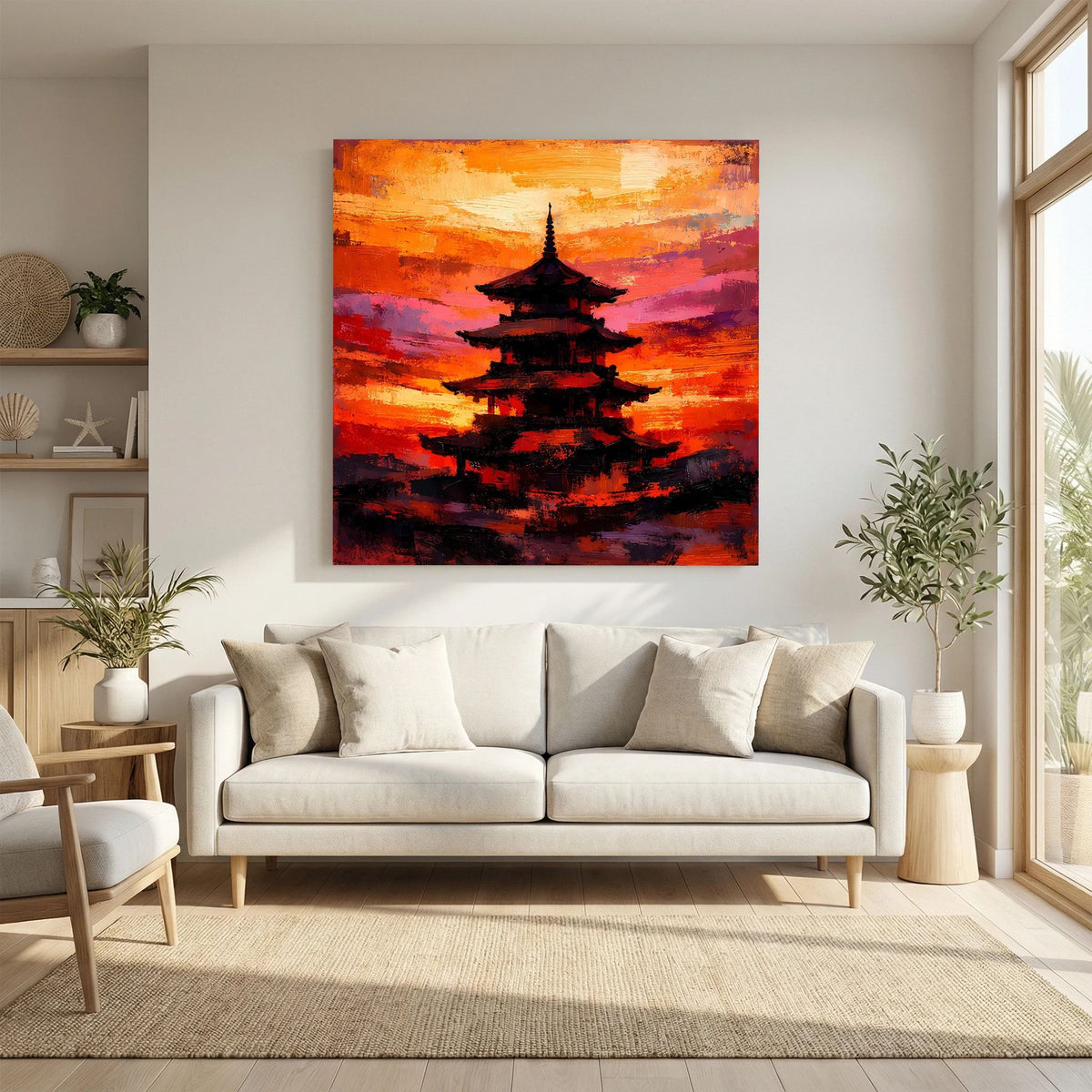 Leinwandbild mit japanischer Pagode, schwarzer Silhouette über Farbverlauf aus Orange, Rot und Violett