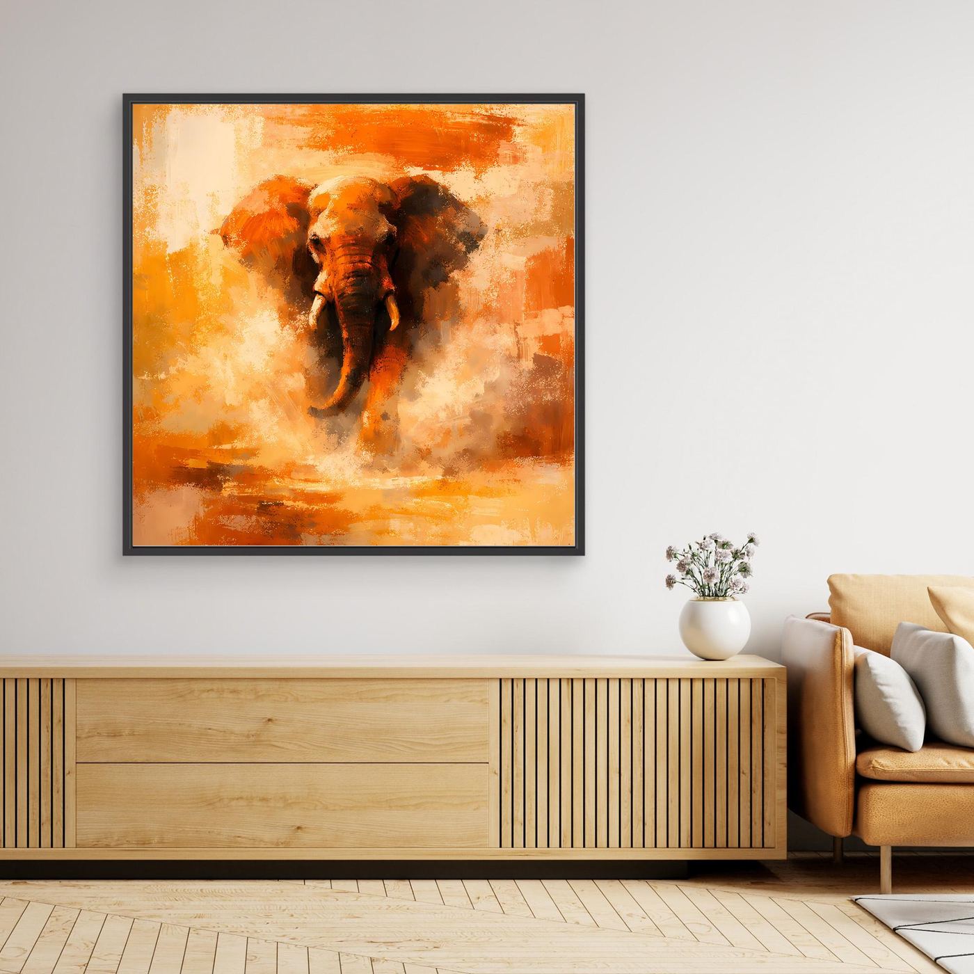 Leinwand Abstraktes Elefanten Gemälde | Modernes Kraftvolles Tier Wandbild Orange Ocker