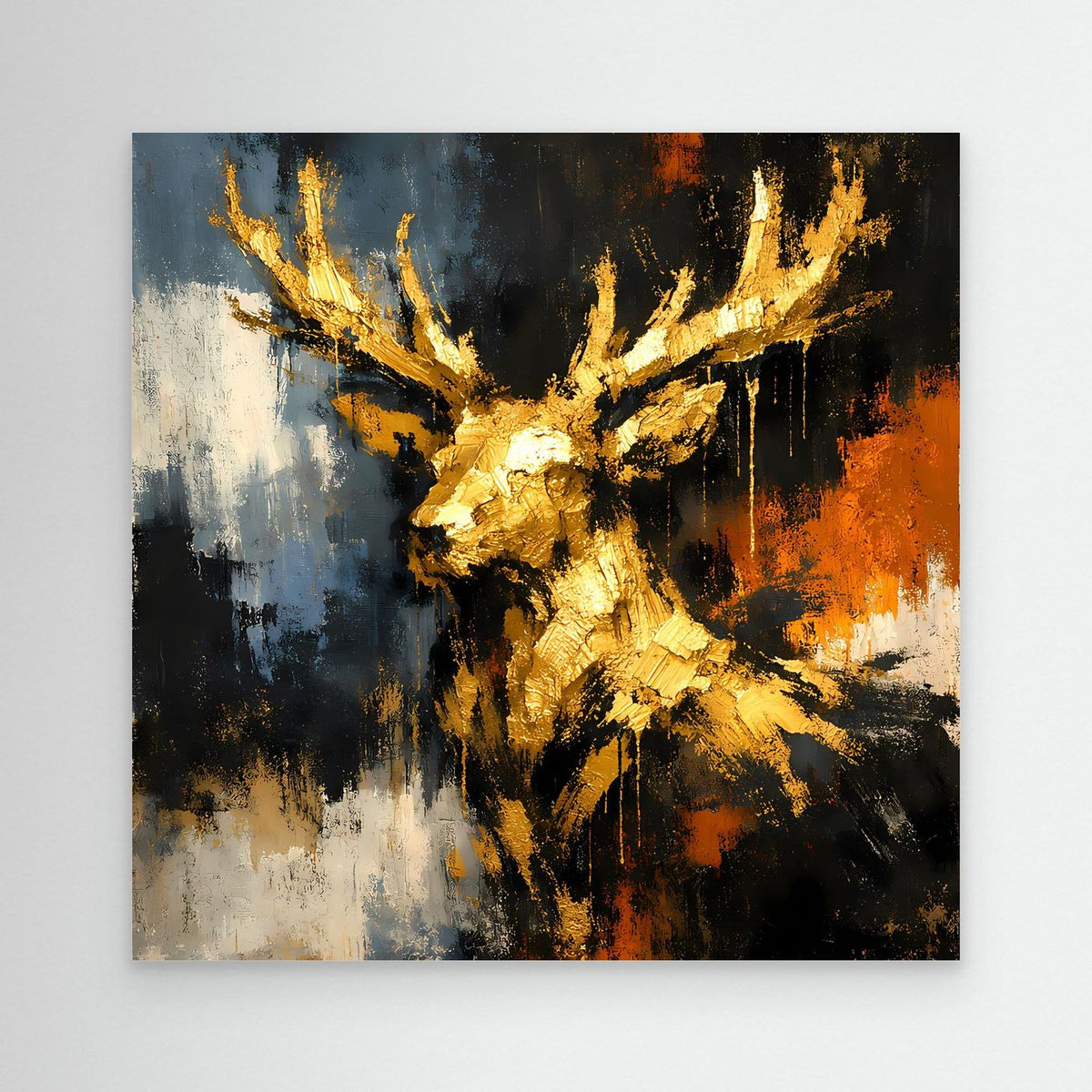 Leinwandbild mit goldenem Hirschkopf im abstrakten Farbmix aus Blau, Schwarz und Orange