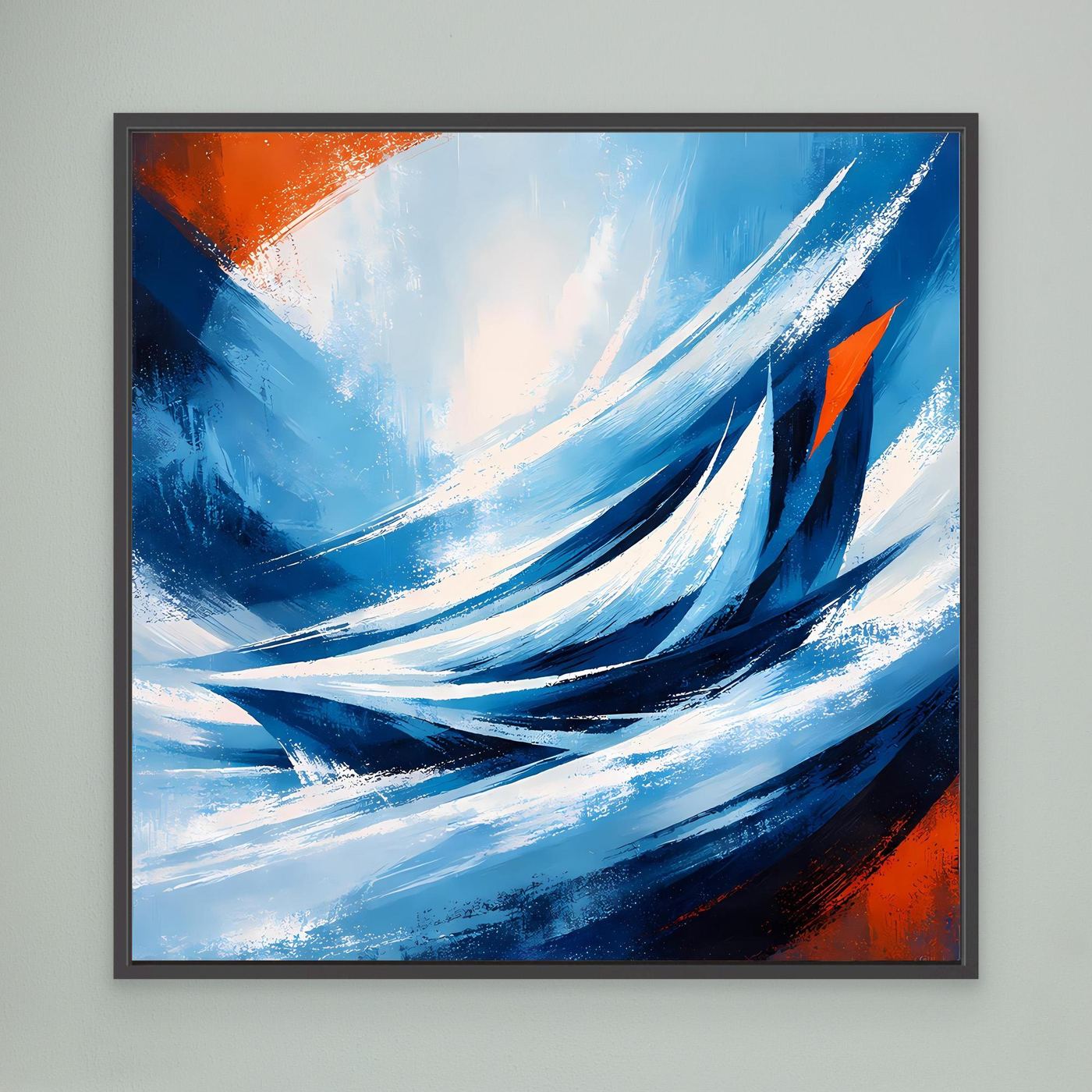 Abstraktes Leinwandbild mit Wellen in Blau und Orange, dunkel gerahmt.