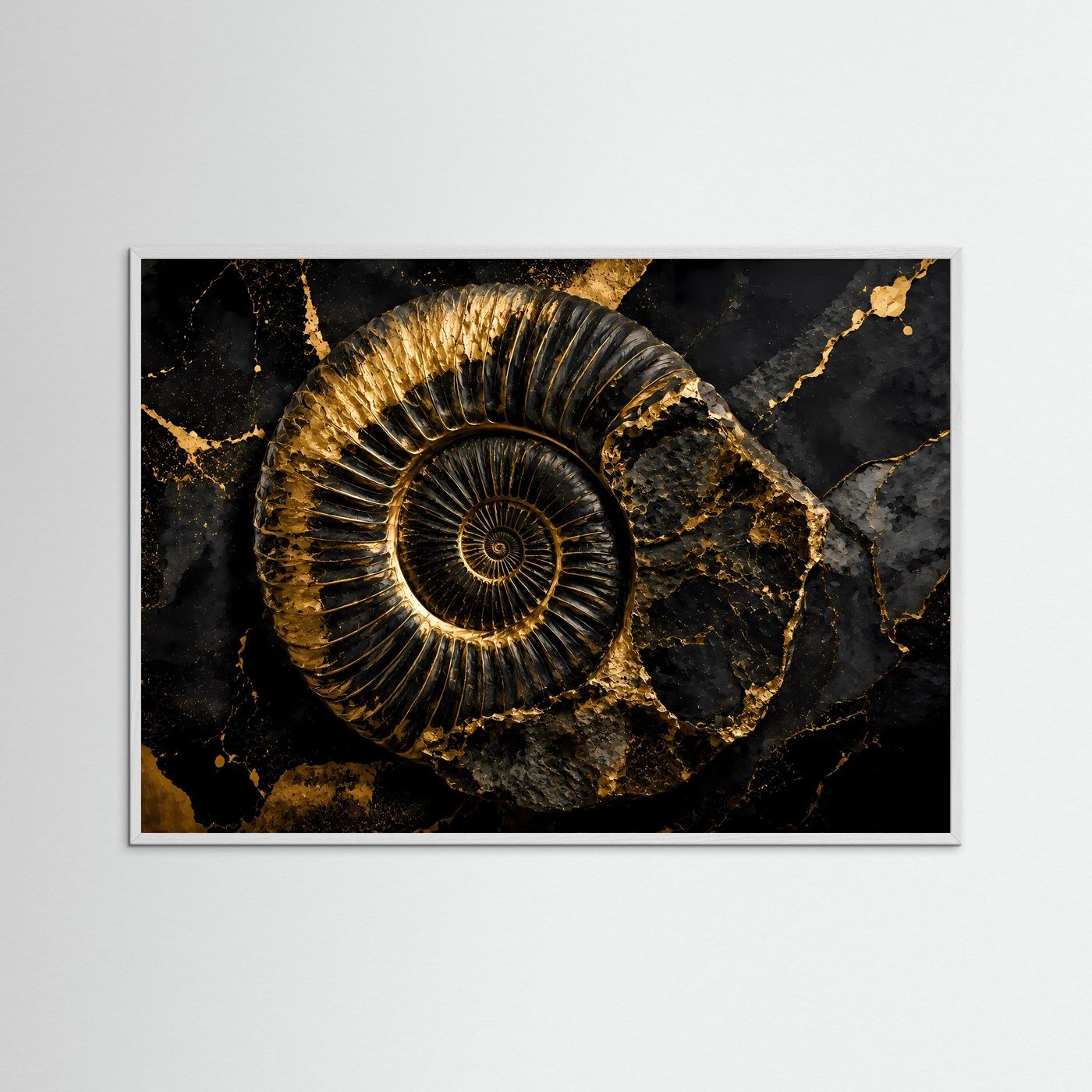 Poster mit goldenem Ammonit auf schwarzem Marmormuster, weißer Rahmen