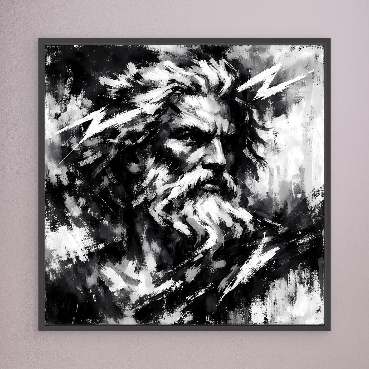 Square black-and-white abstract bearded portrait wall art with lightning-like accents, dark frame