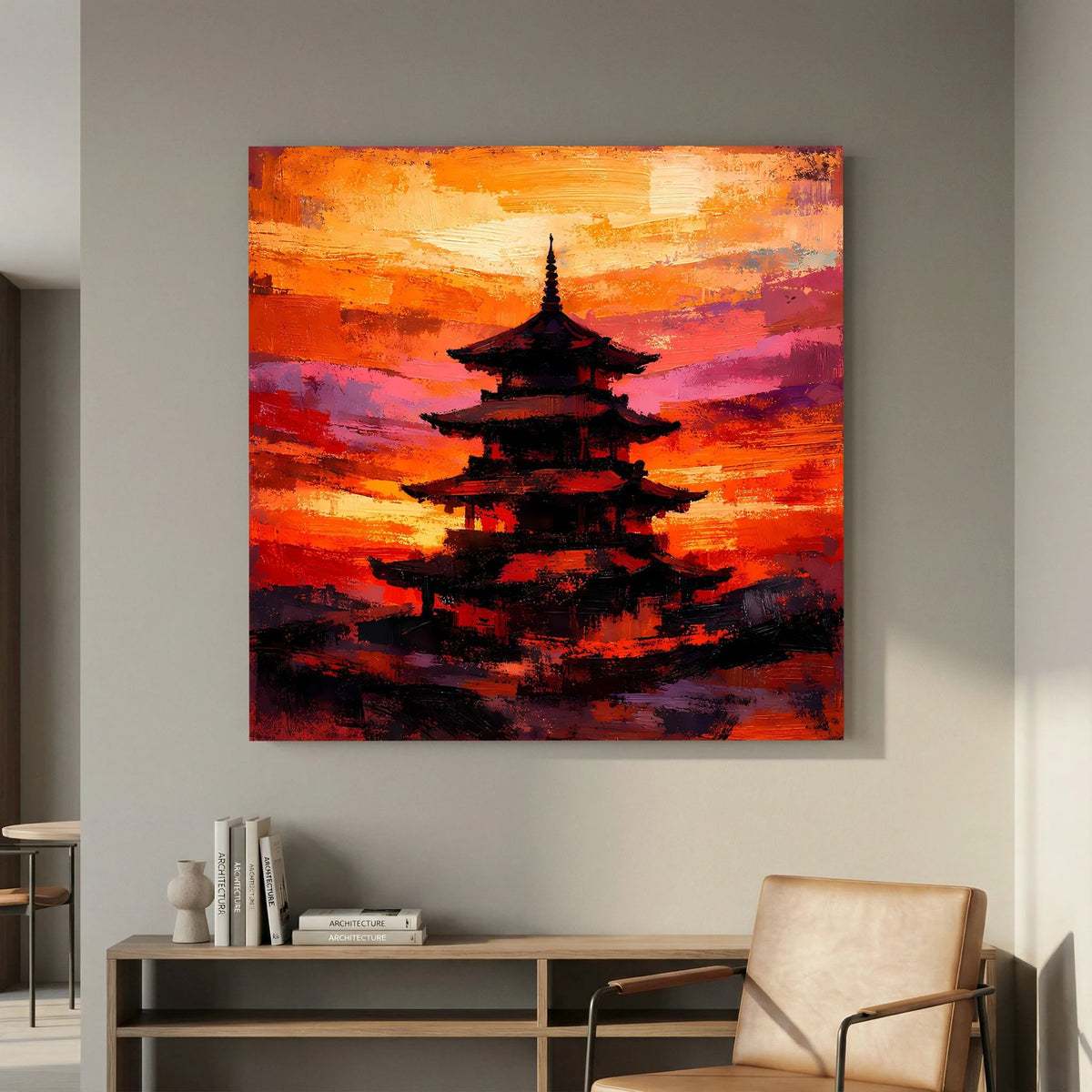 Leinwandbild mit japanischer Pagode, dunkle Form über orangefarbenen und pinken Farbflecken
