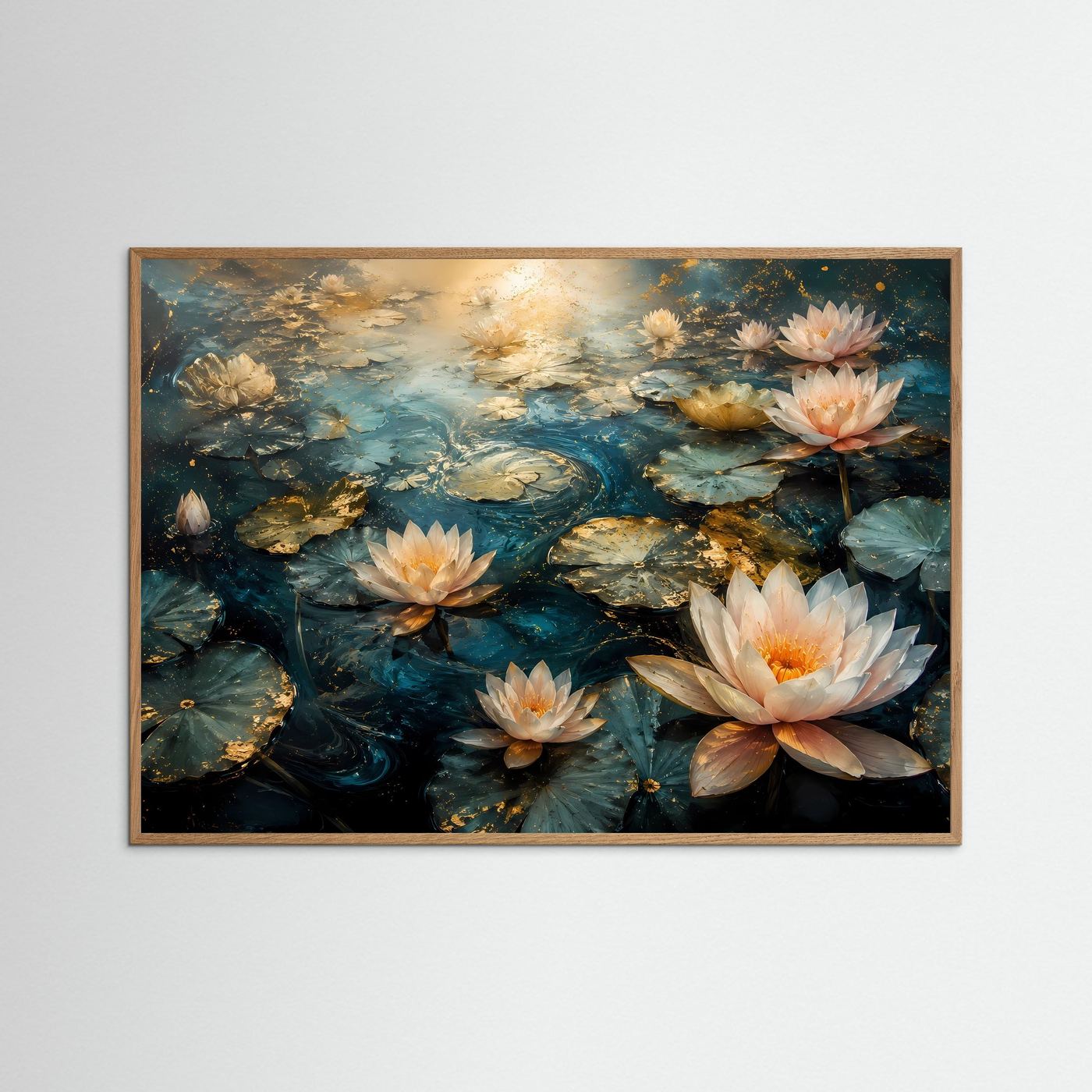 Seerosen Poster | Lotusblüten Wandbild | Eleganter Seerosenteich | Gold Blau Kunst | Premium Leinwandbild