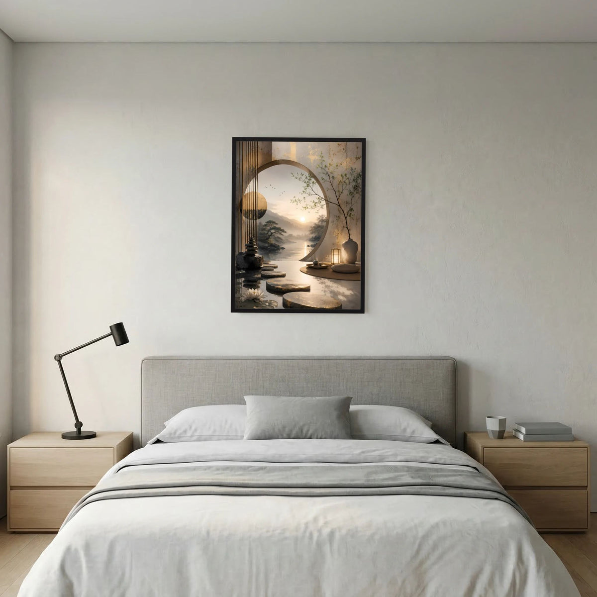 Hochformatiges Poster im schwarzen Rahmen über dem Bett mit Zen-Garten und Sonnenaufgang-Motiv.