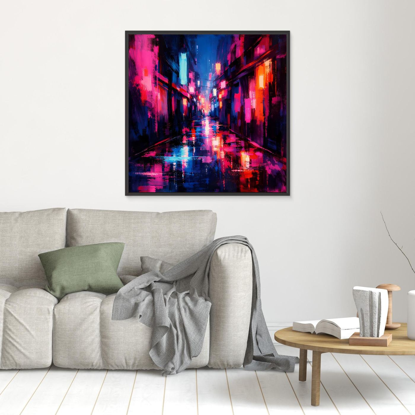 Leinwand Cyberpunk Nachtgasse im Regen | Modernes Neon Wandbild
