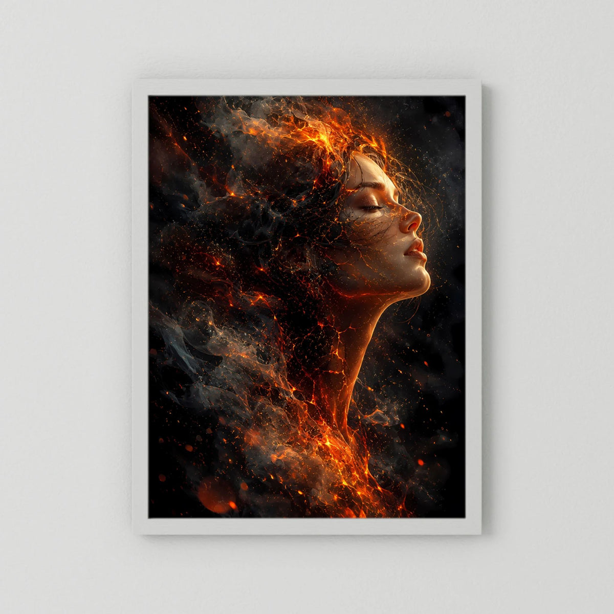 Poster Hochformat mit Frauenprofil aus Flammen und Glut, weißer Rahmen