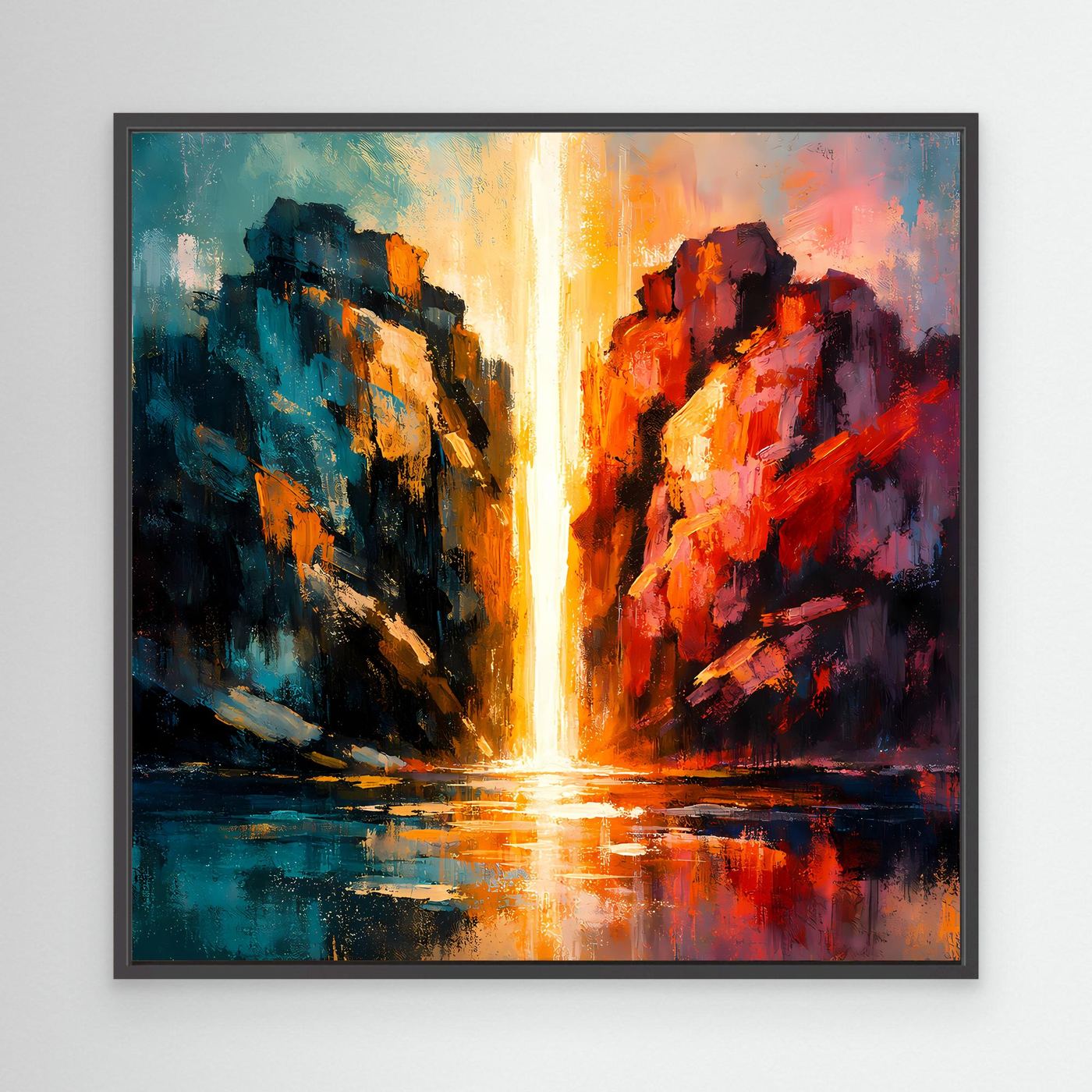 Premium Leinwand Magischer Lichtwasserfall im Canyon | Abstraktes Natur Wandbild farbenfroh