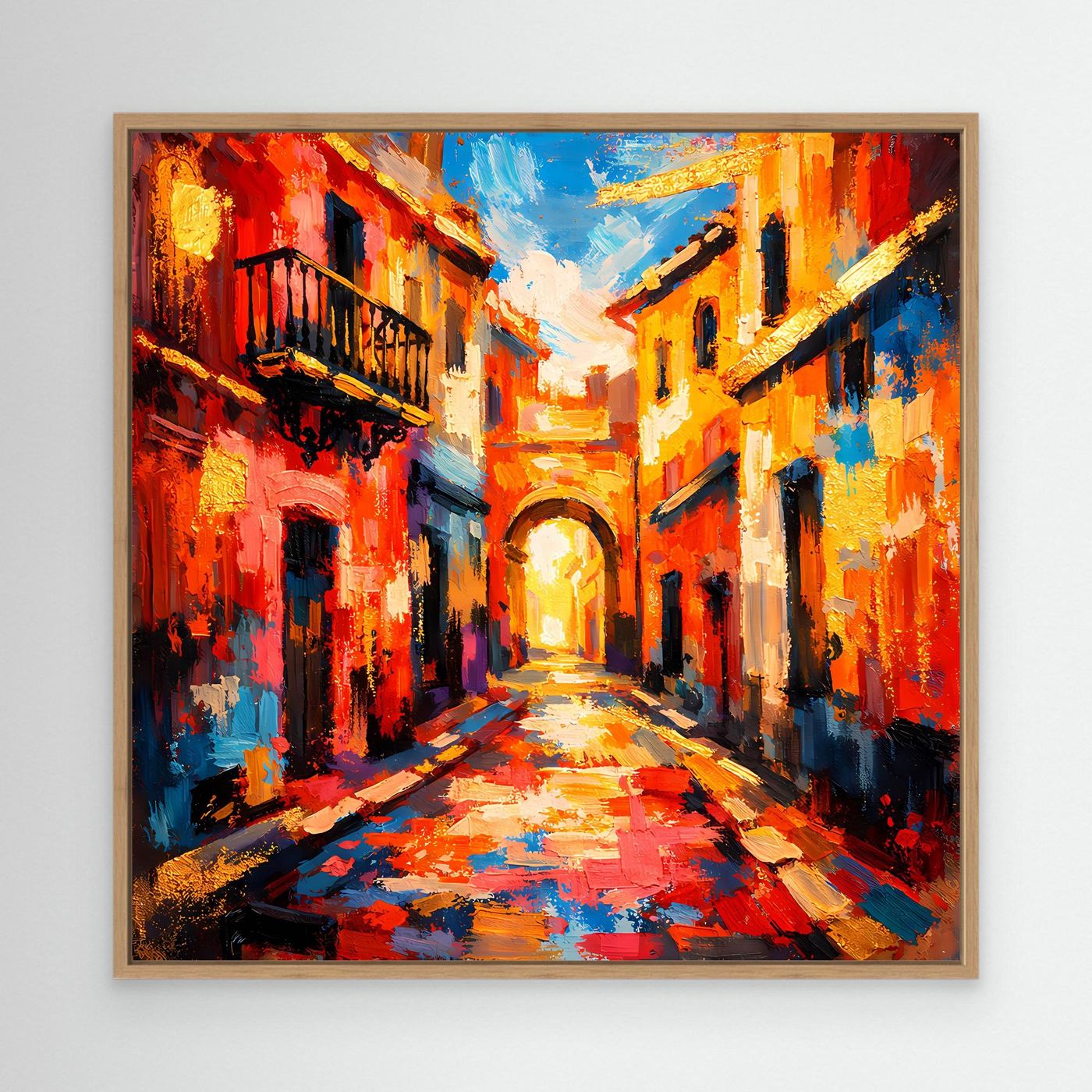Abstraktes Leinwandbild mediterrane Altstadtgasse mit Bogengang und Pflasterweg, farbig, mit hellem Holzrahmen