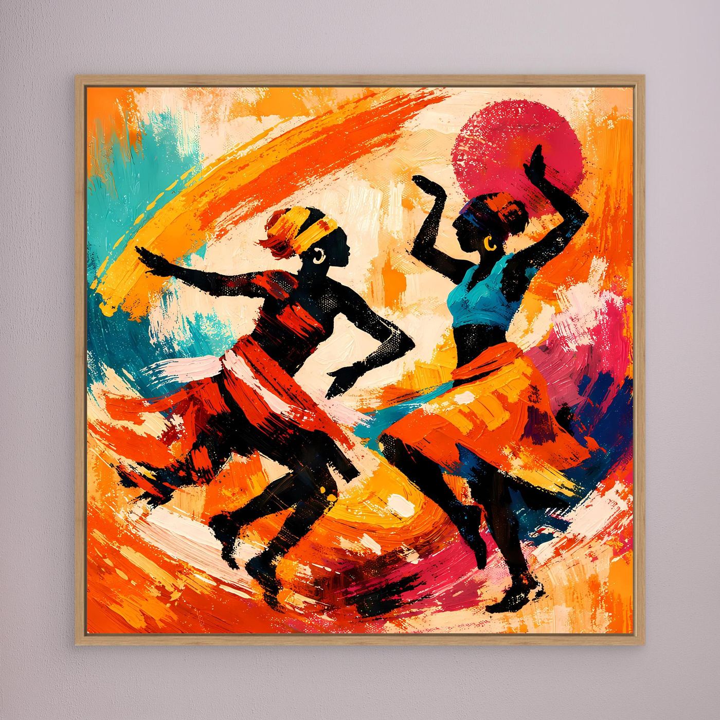 Leinwand Tanzende Afrikanerinnen im Sonnenuntergang | Abstraktes Ethno Pop Art Wandbild