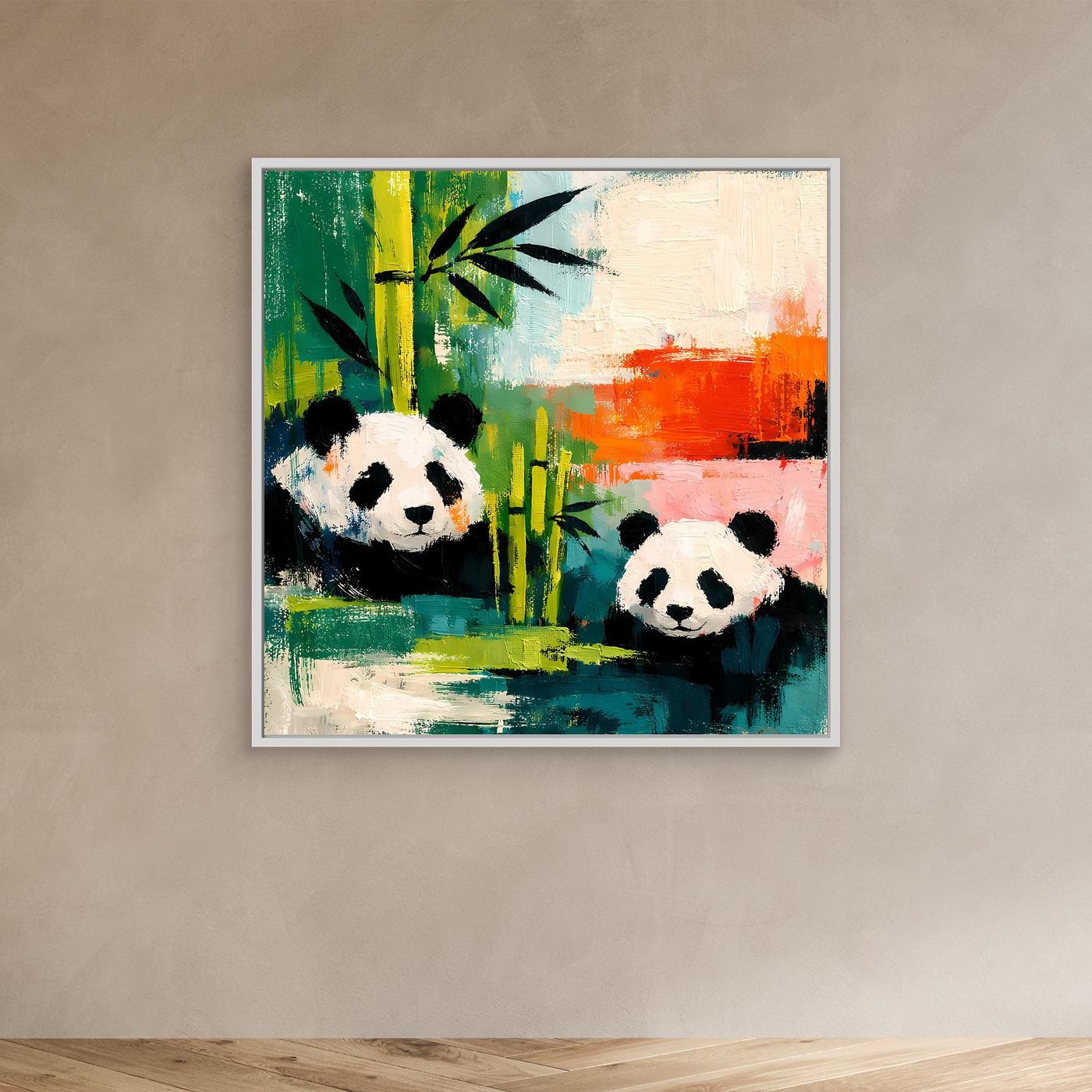 Gray-framed canvas wall art with two pandas and painted bamboo stems.