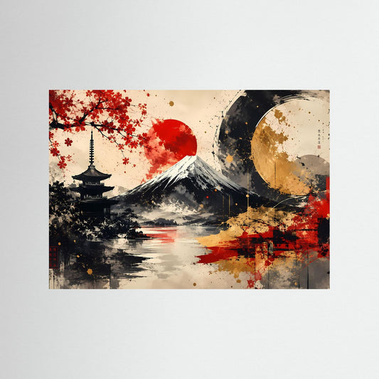 Japanisches Kunstposter im Querformat mit Fuji, rotem Laub und Mond über Wasser
