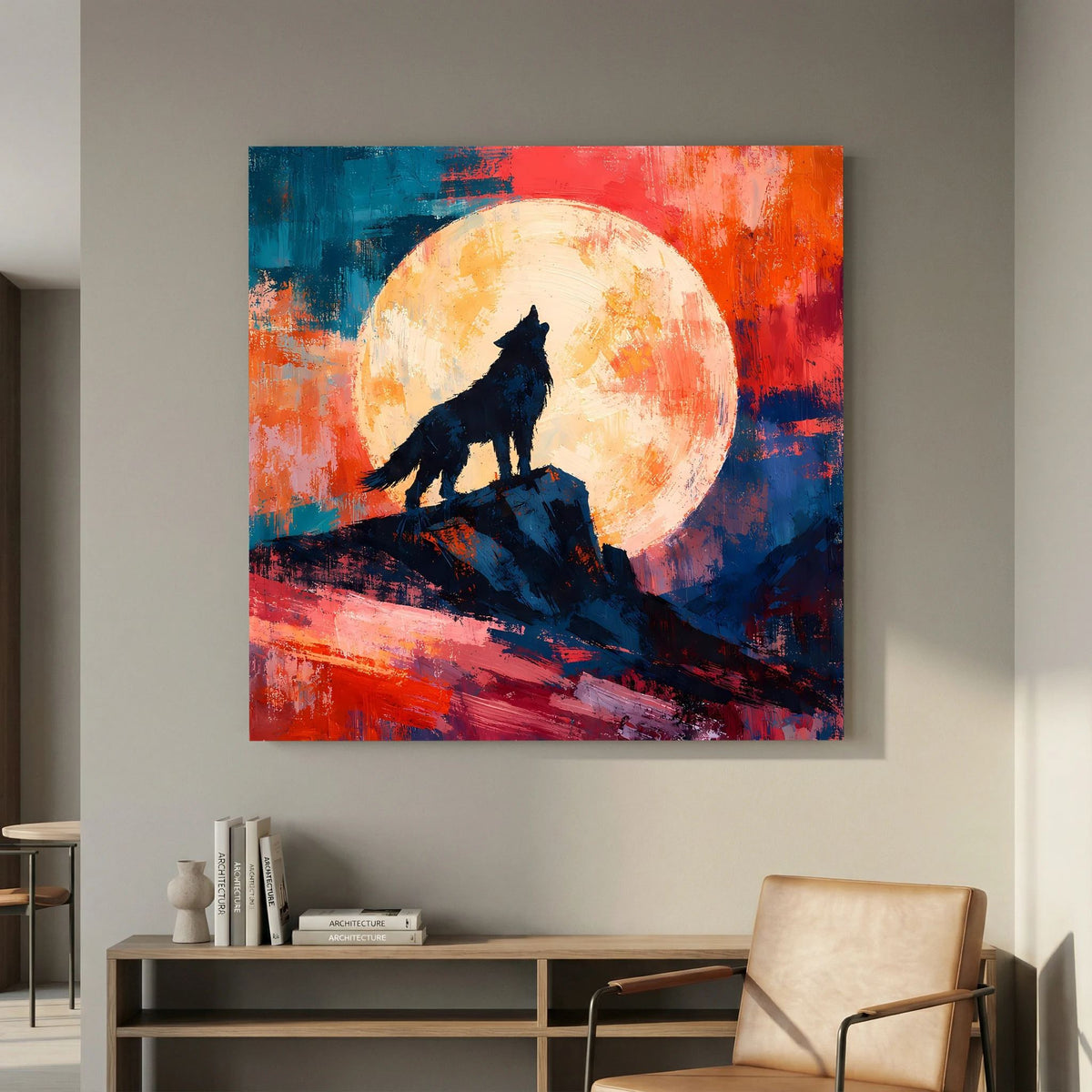 Leinwand Abstraktes Wolf Gemälde | Modernes Mystisches Wandbild Heulender Wolf Vollmond