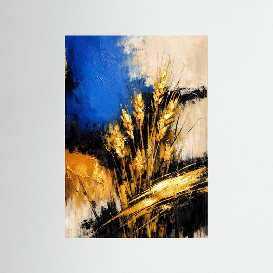 Abstraktes Poster mit goldenen Ähren, Blau-, Beige- und schwarzen Pinselstrichen