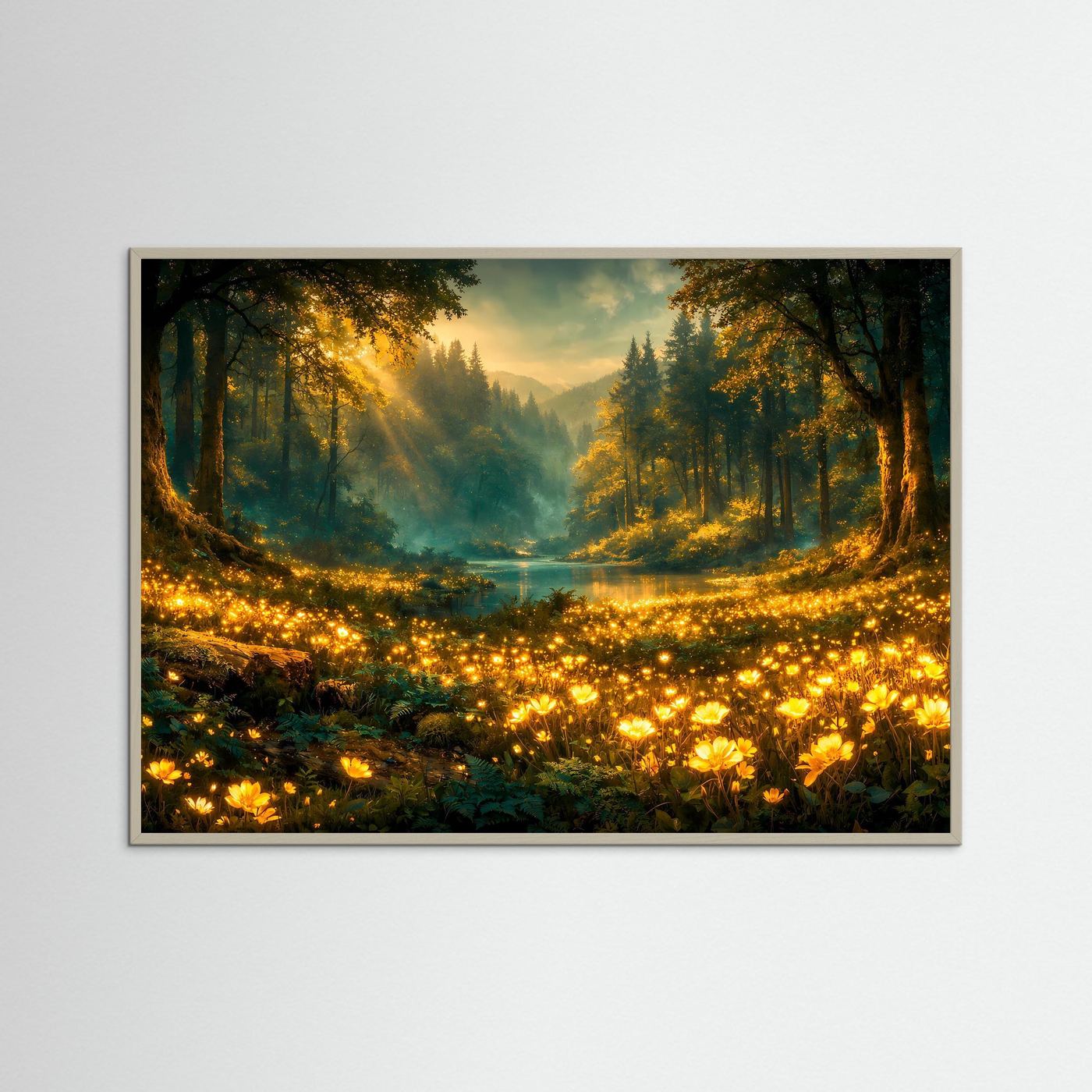 Wald-Wandbild-Poster mit Blumen im Morgenlicht, heller Holzrahmen