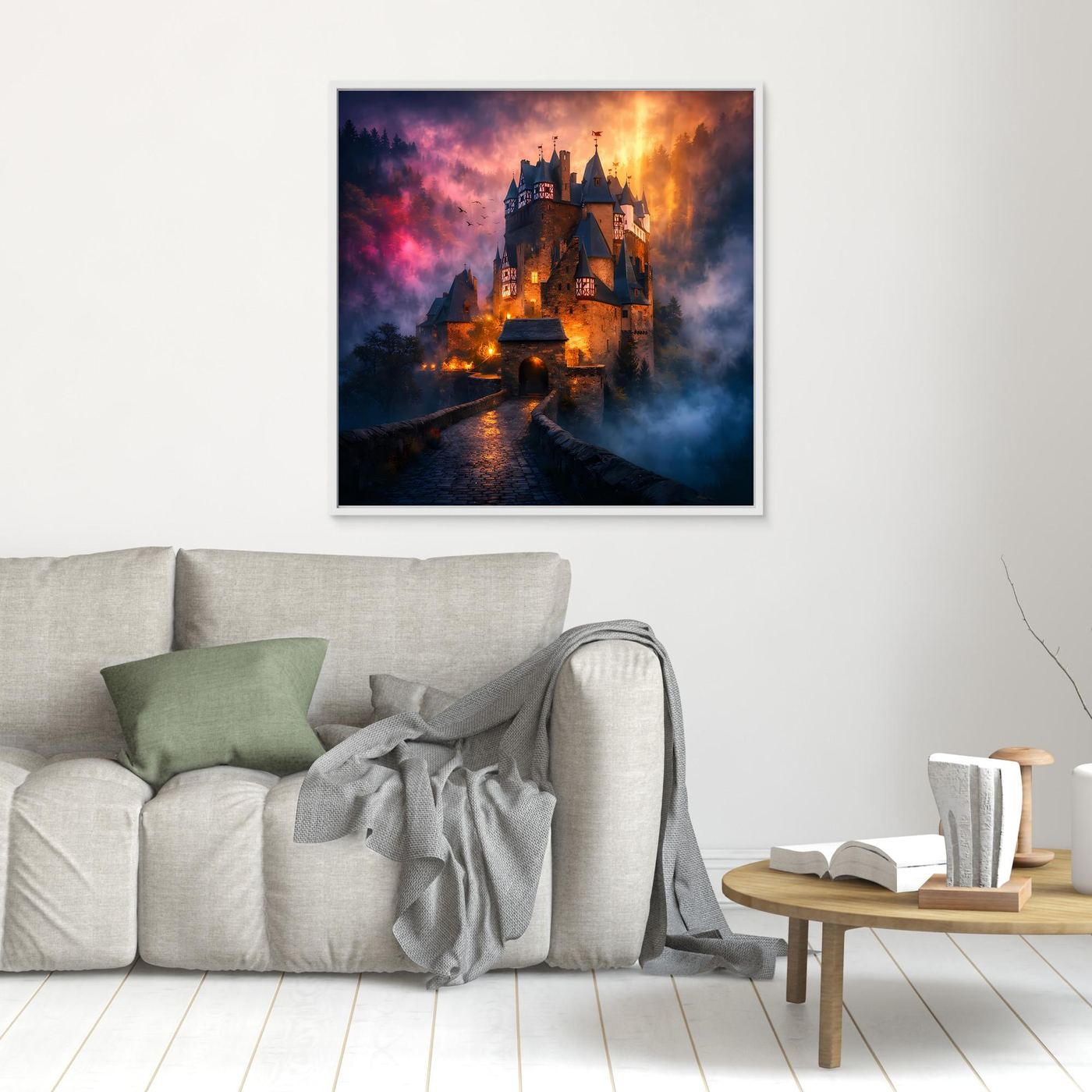 Leinwand Mystische Ritterburg im Nebel | Abstraktes Märchenschloss Wandbild