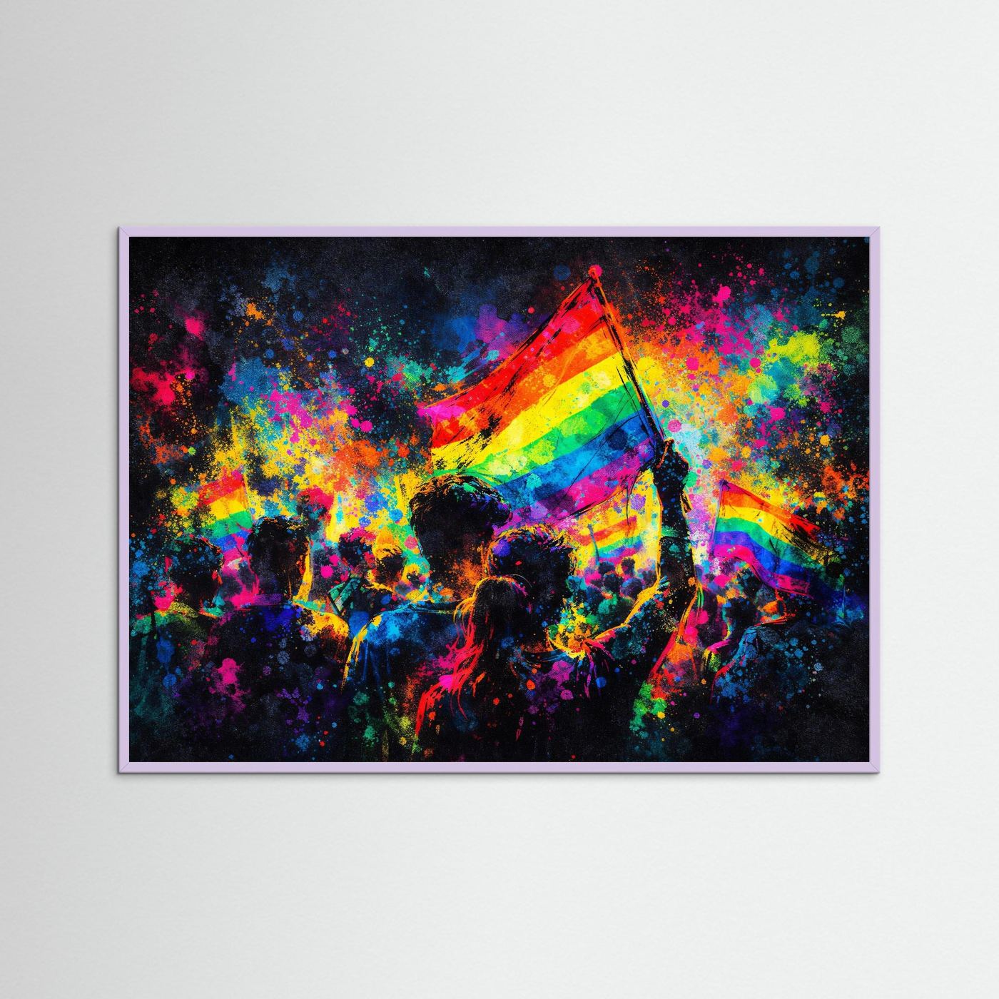 Wandbild mit Regenbogenflagge und buntem Sprühfarben-Motiv, violetter Rahmen