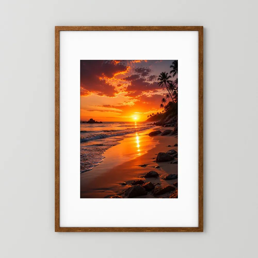 Fotoposter im braunen Holzrahmen mit Strand, Sonne und Palmen im Sonnenuntergang