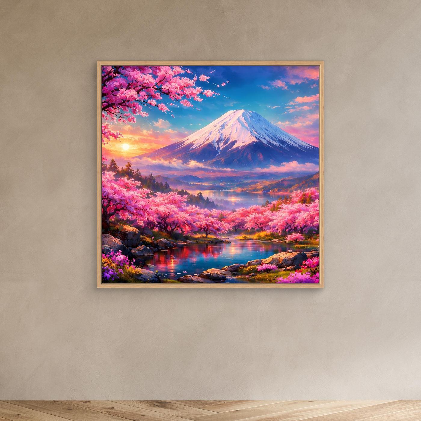 Leinwandbild Magischer Fuji & Kirschblüte | Japanisches Frühlingserwachen Wandbild auf echtem Holzkeilrahmen
