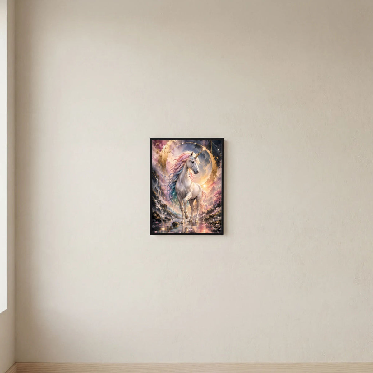 Gerahmtes Poster (Hochformat) mit Einhorn, pastellfarbener Mähne und goldener Aura