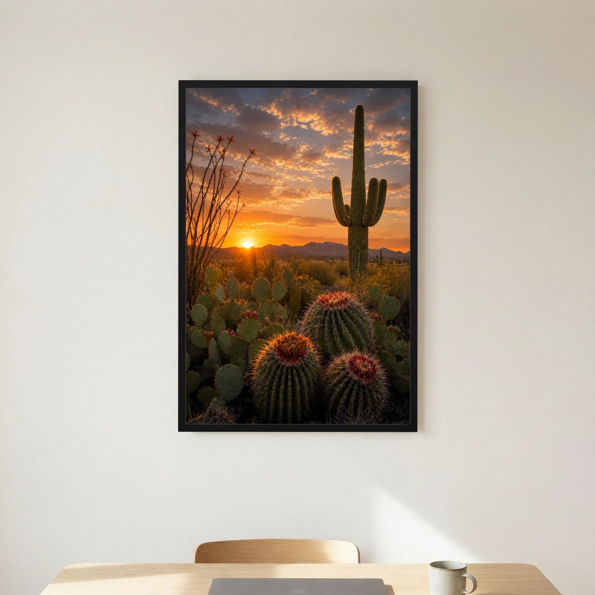 Poster im Hochformat mit schwarzem Rahmen, Kakteen in der Wüste vor orangefarbenem Himmel.