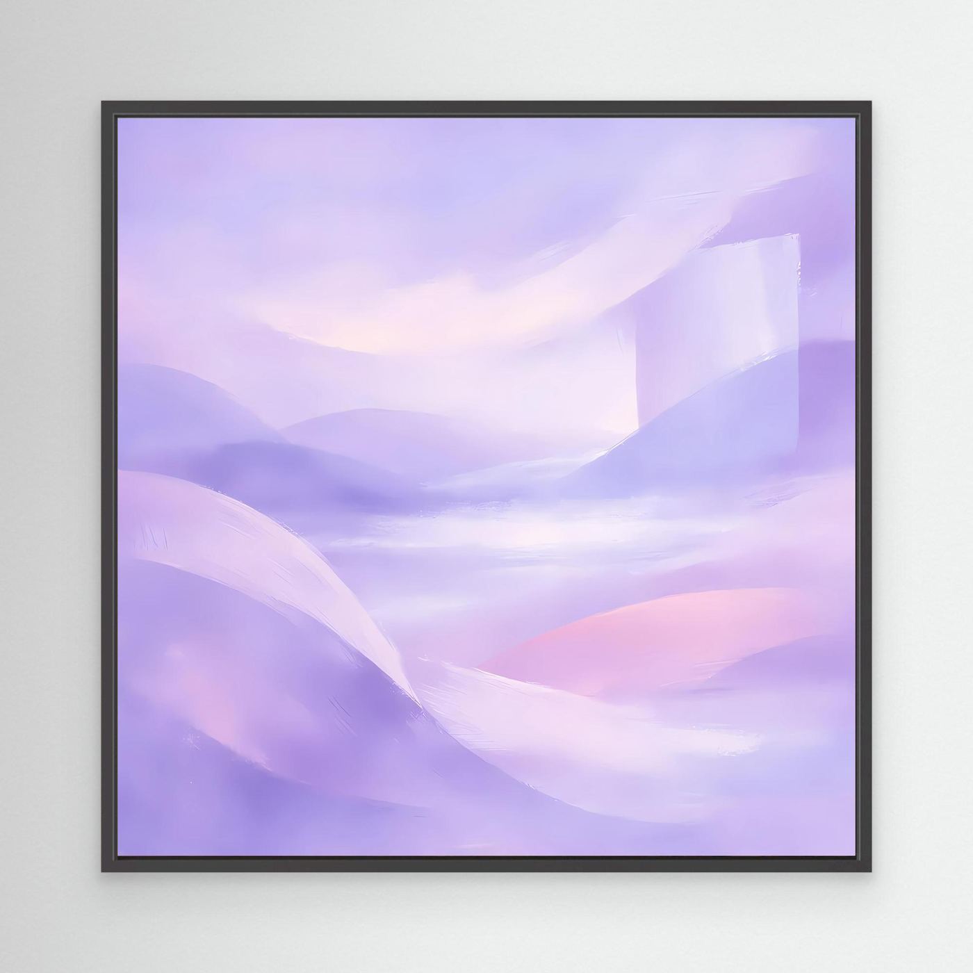 Abstraktes Leinwandbild mit Pastellhügeln in Violett- und Rosatönen, schwarzer Rahmen