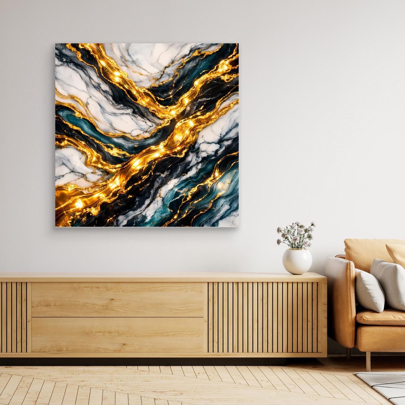 Gerahmtes Leinwandbild mit Goldmarmor-Optik: Smaragdblau, Weiß und goldene Adern