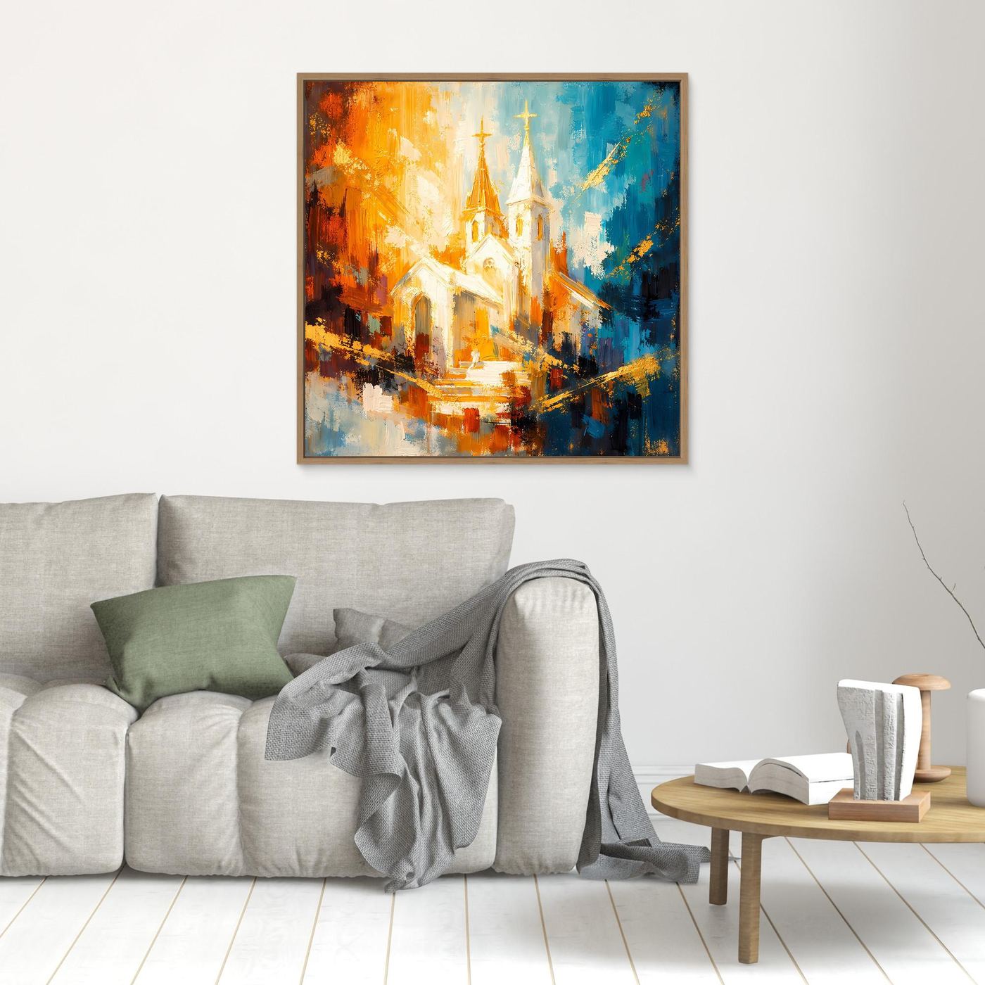 Quadratisches Leinwandbild mit abstrakter Kirche, brauner Rahmen, Orange‑Blau