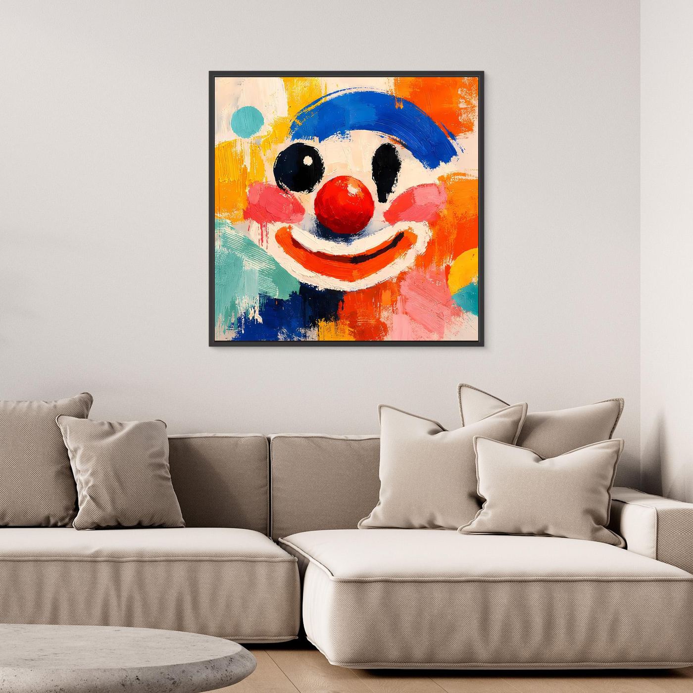 Abstraktes Leinwand-Wandbild mit Clown-Gesicht, bunte Farben, schwarzer Rahmen