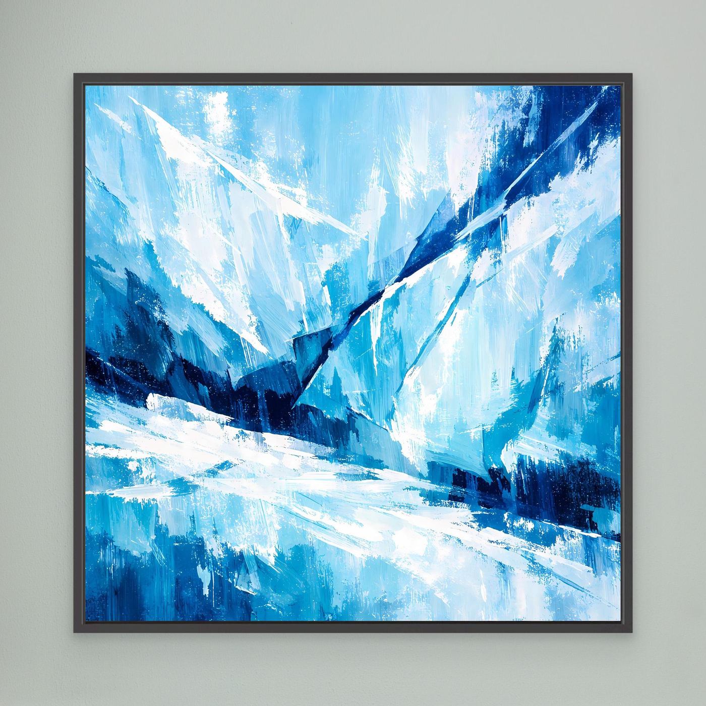 Abstraktes Gletscher-Leinwandbild mit schwarzem Rahmen, blaues Eis-Motiv