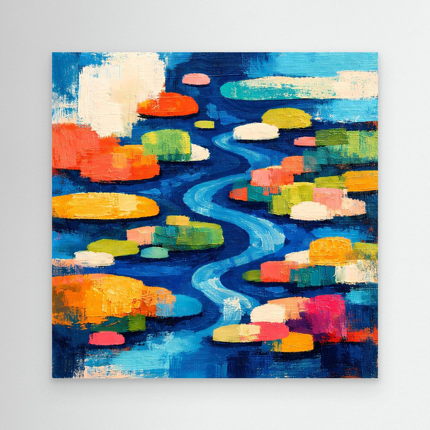 Abstraktes Leinwand-Wandbild mit farbigem Flusslauf und Seerosen, rahmenlos