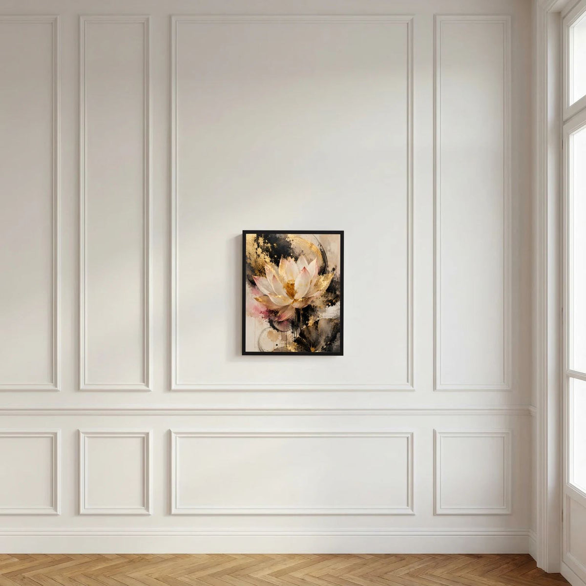 Lotusblumen-Poster mit schwarzem Rahmen: abstrakte Lotusblüte in Creme, Gold und dunklen Akzenten