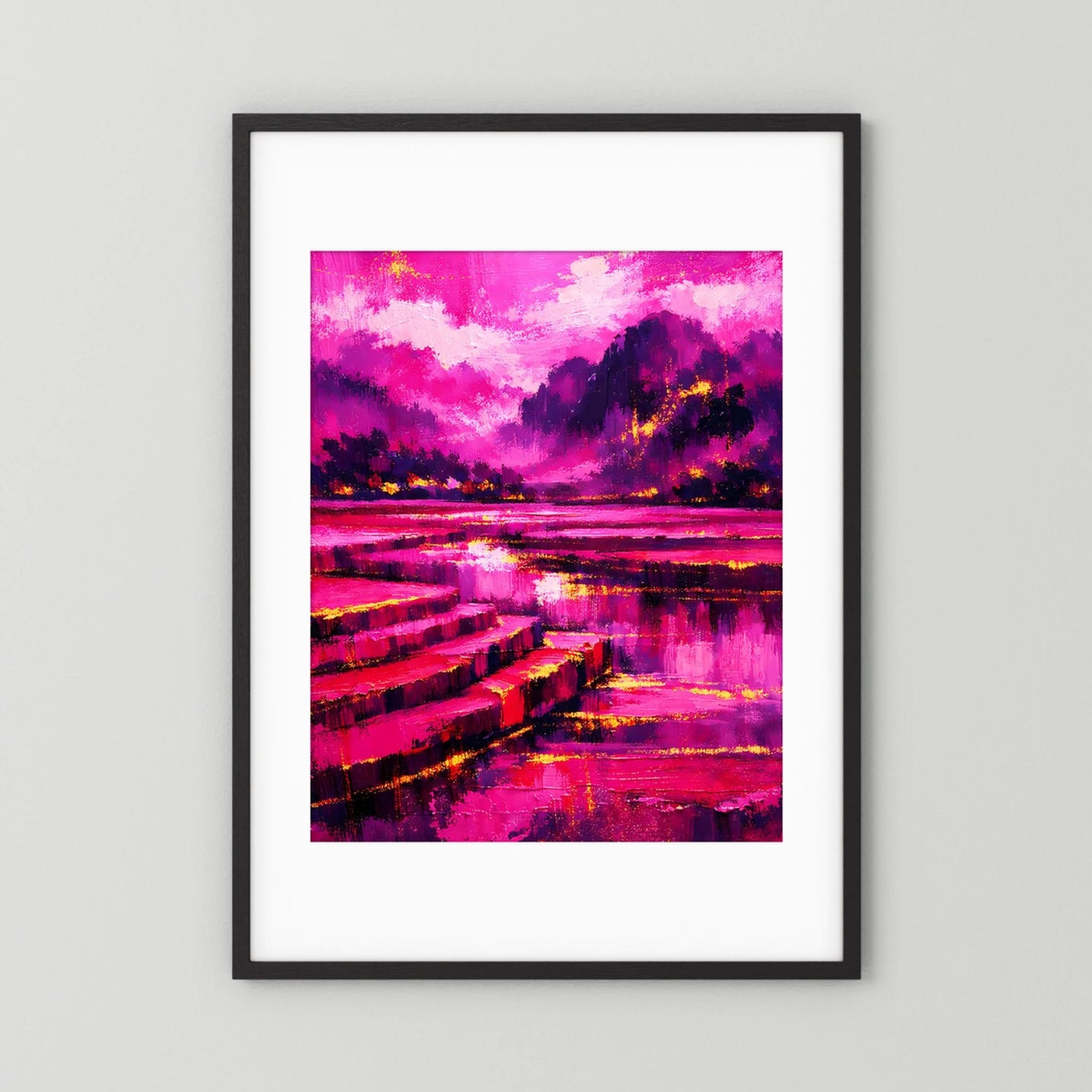 Hochformat-Poster mit Pink-Magenta-Landschaft, Fluss und Uferstufen im schwarzen Rahmen mit weißem Rand.