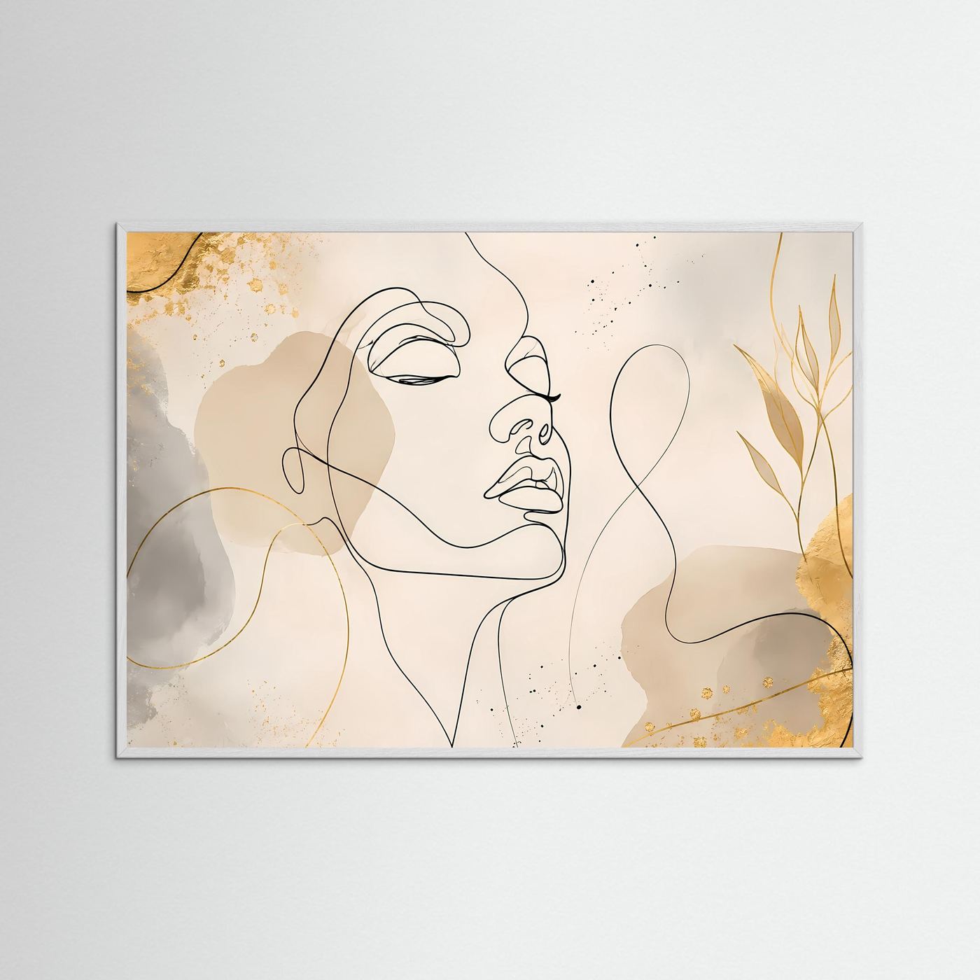 Minimalistisches One Line Face Poster Beige Gold | Moderne Line Art Wandkunst Gesicht Querformat