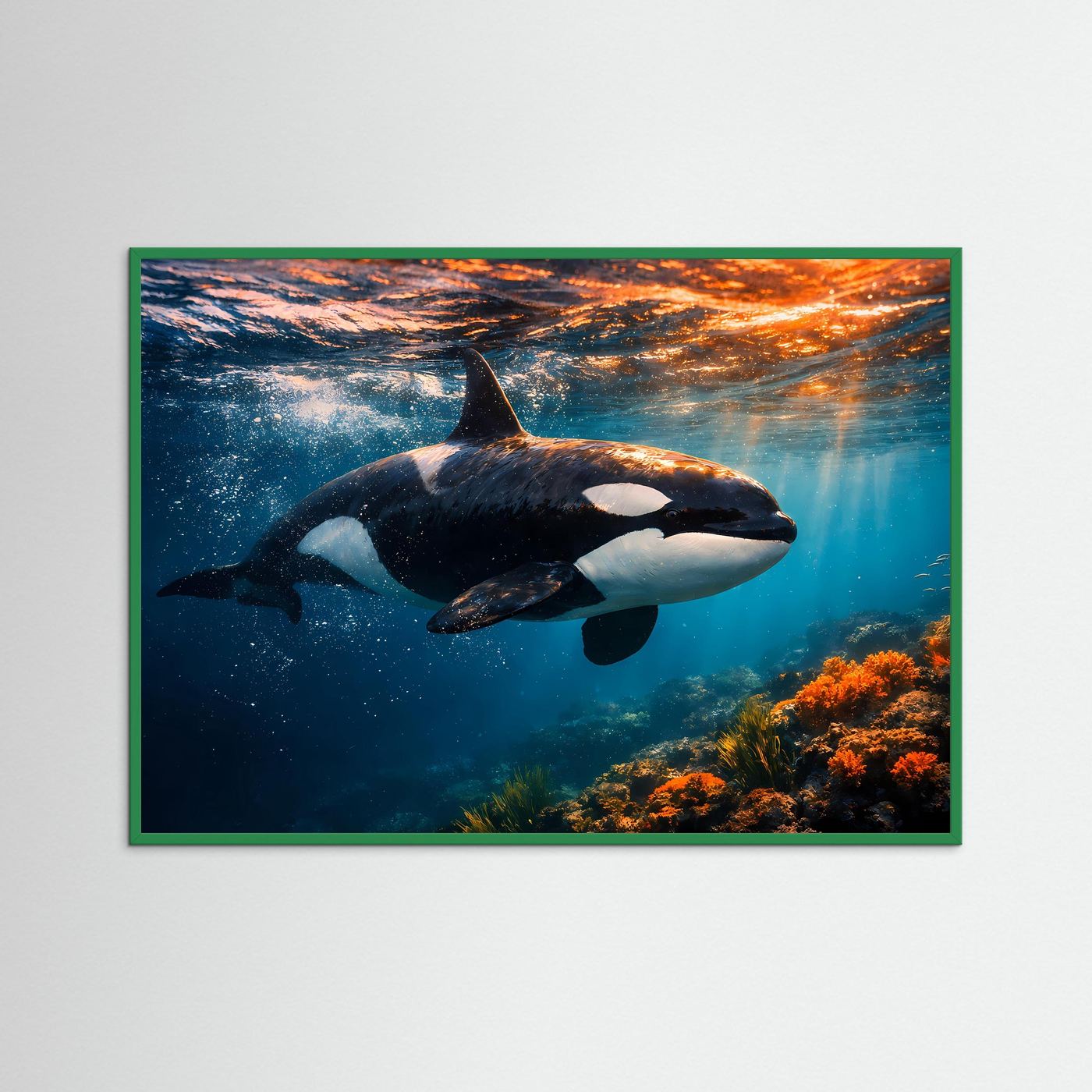 Querformat-Poster mit Schwertwal im blauen Meer, grüner Rahmen