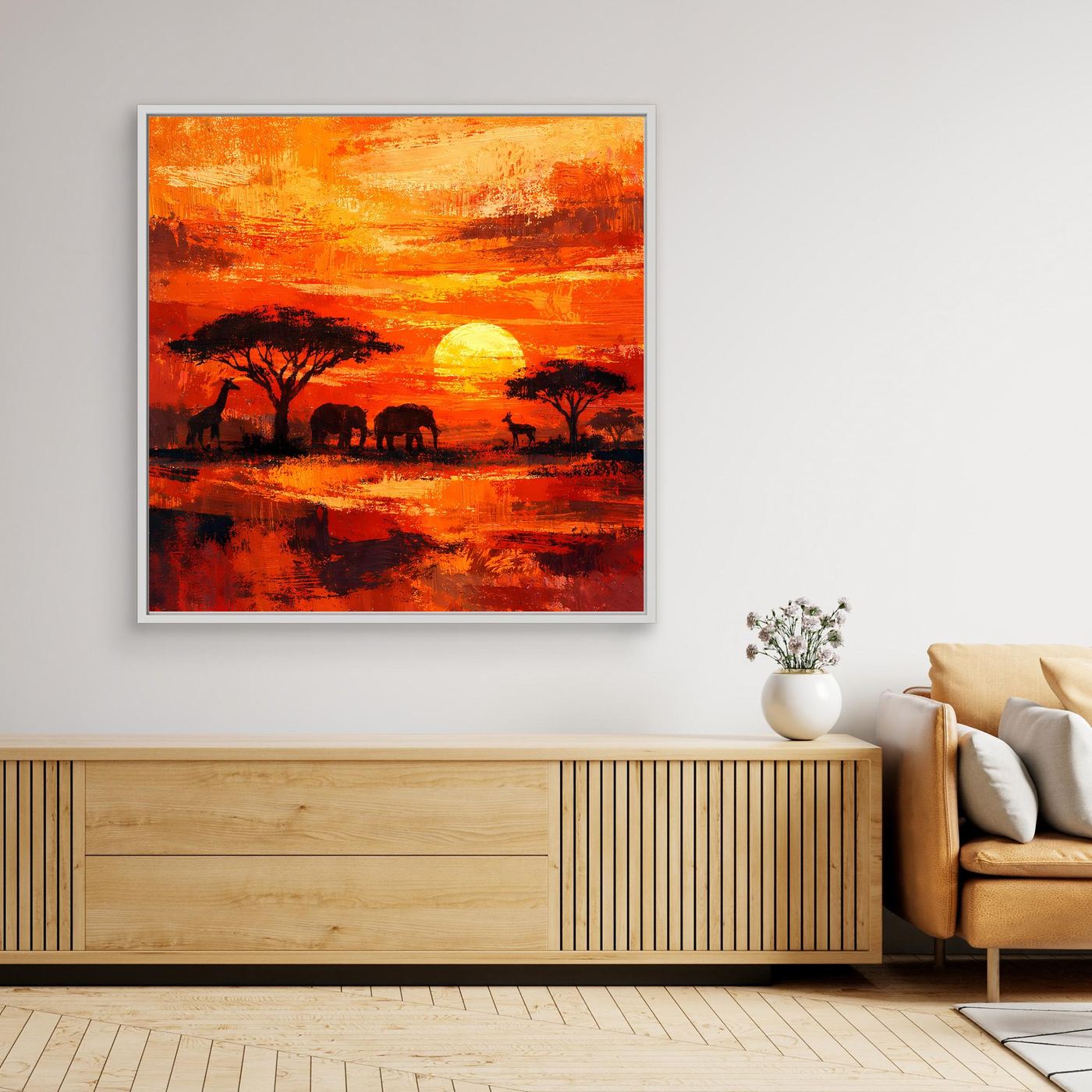 Leinwand Afrikanische Savanne bei Sonnenuntergang | Modernes Elefanten & Giraffen Wandbild