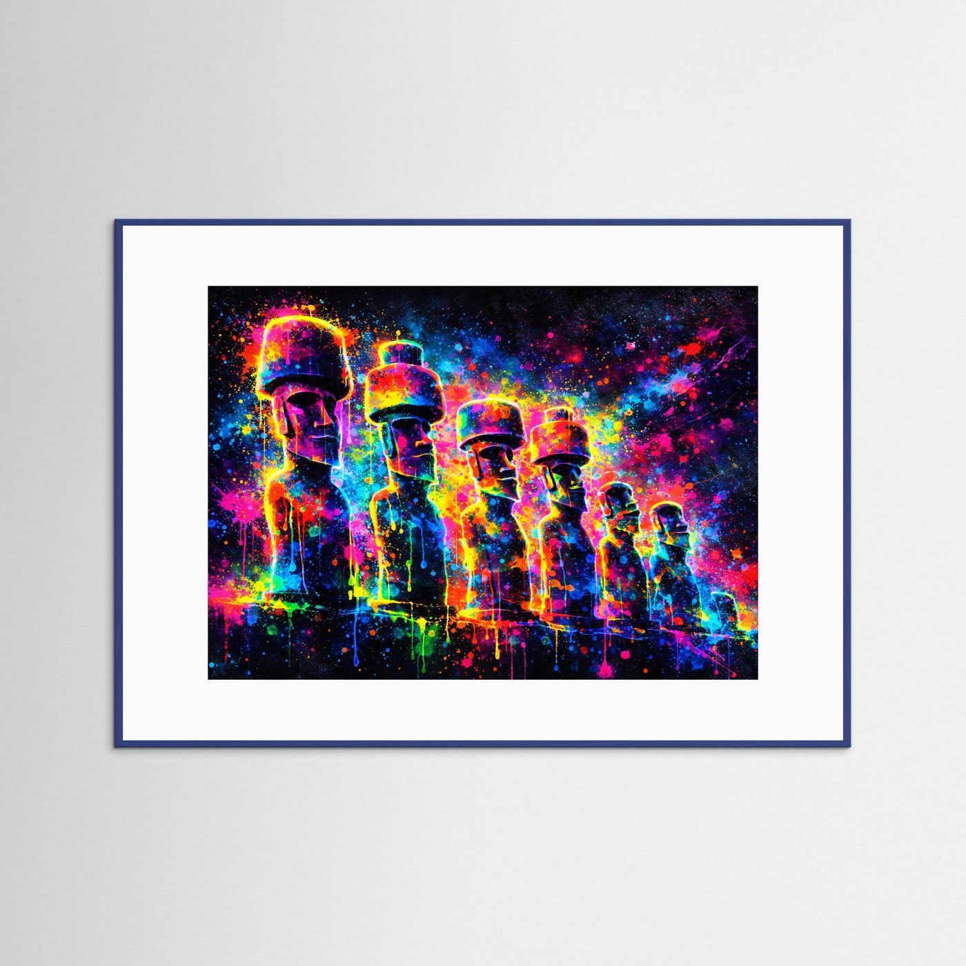 Farbenfrohe Moai Statuen mit Kopfbedeckung | Neon Pop Art & Osterinsel Wandbild Querformat