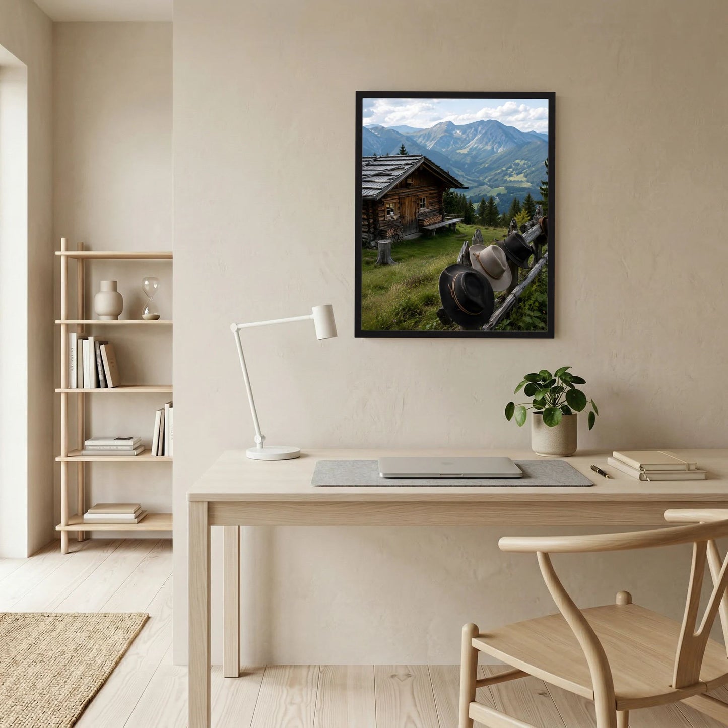 Hochformatiges Landschaftsposter mit Almhütte, Bergen und Hüten im schwarzen Rahmen